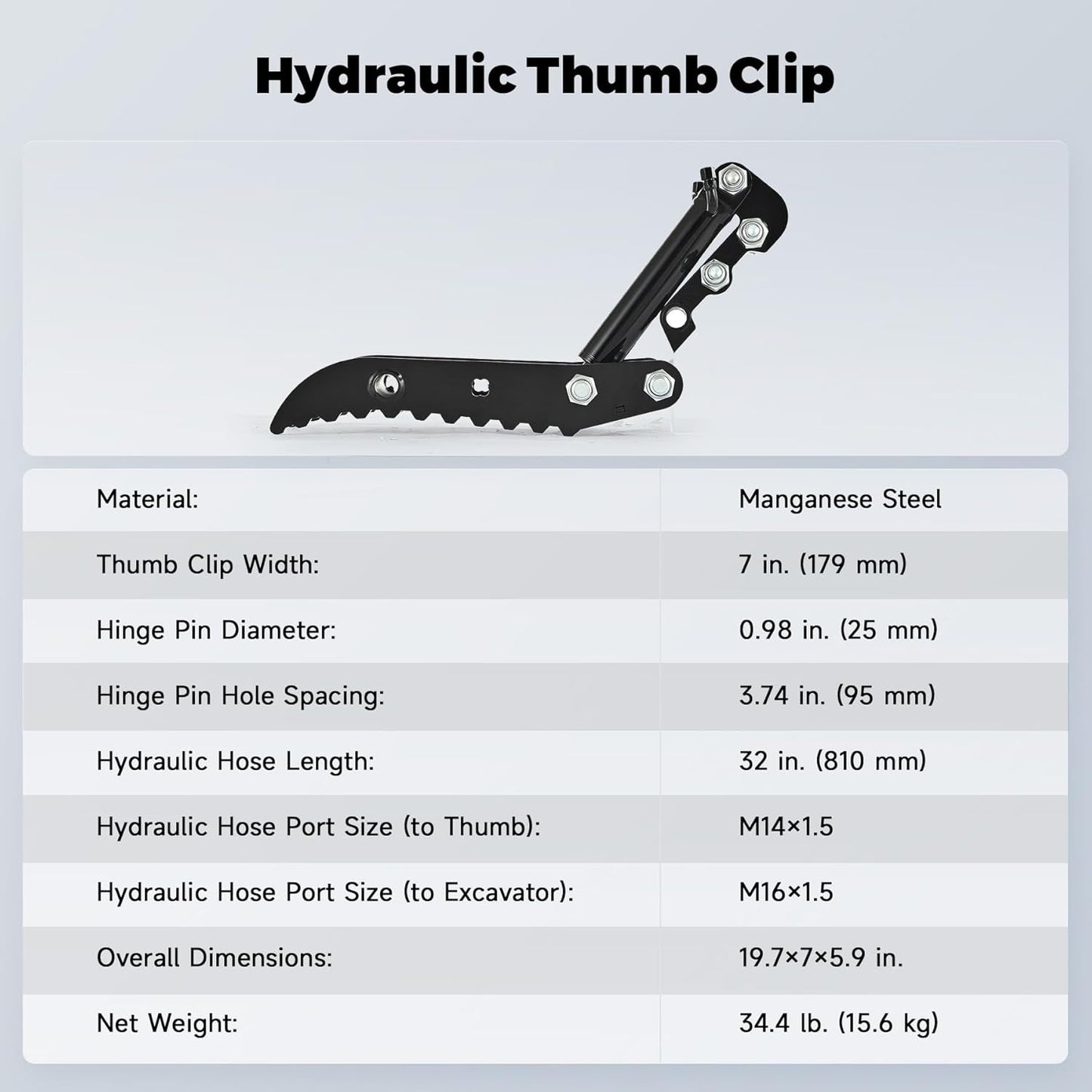 AHM 3-Hole Hydraulic Thumb Clip Attachment, Excavator Thumb Clip with 2 Hydraulic Hoses for Small Diggers up to 2 Tons, Excavator Attachment for Picking up Logs, Rocks and Debris