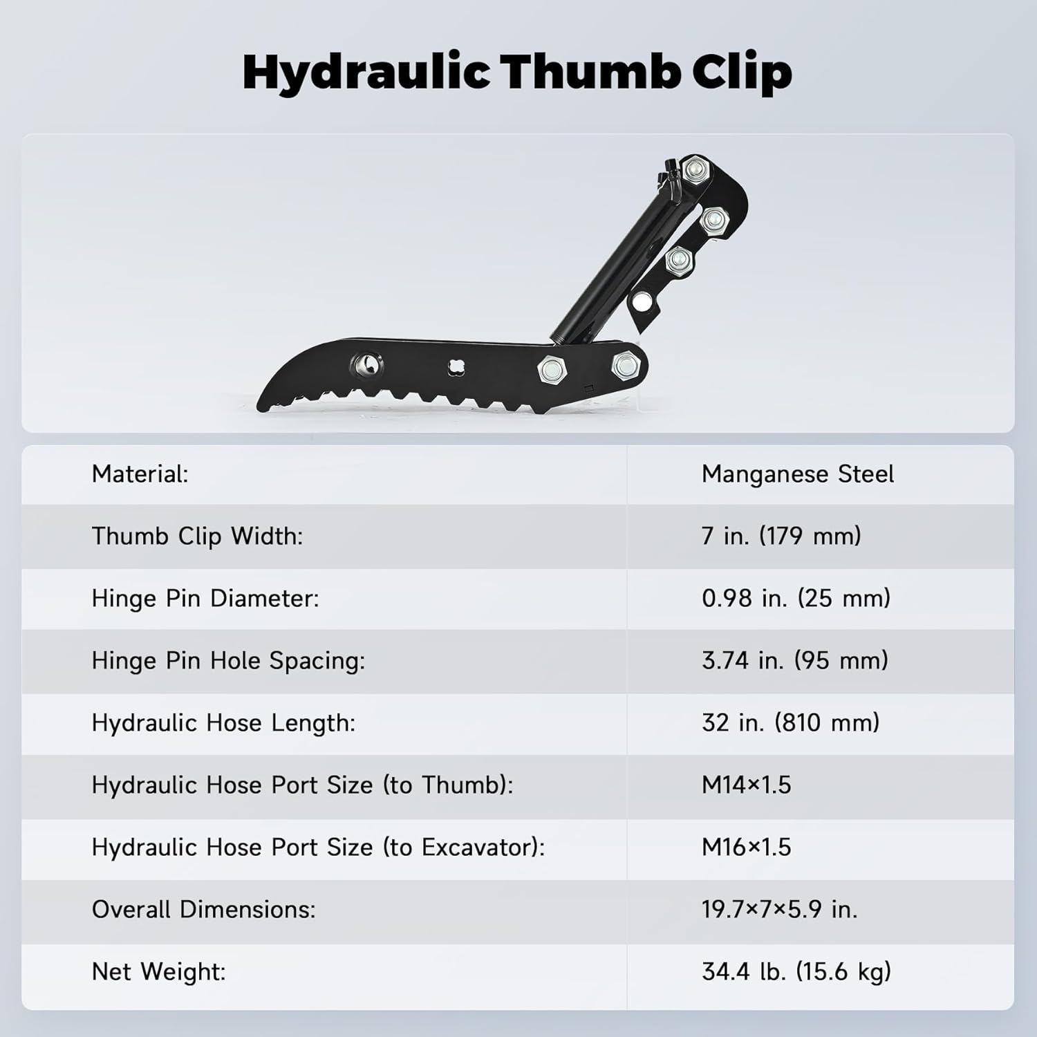 AHM 3-Hole Hydraulic Thumb Clip Attachment, Excavator Thumb Clip with 2 Hydraulic Hoses for Small Diggers up to 2 Tons, Excavator Attachment for Picking up Logs, Rocks and Debris