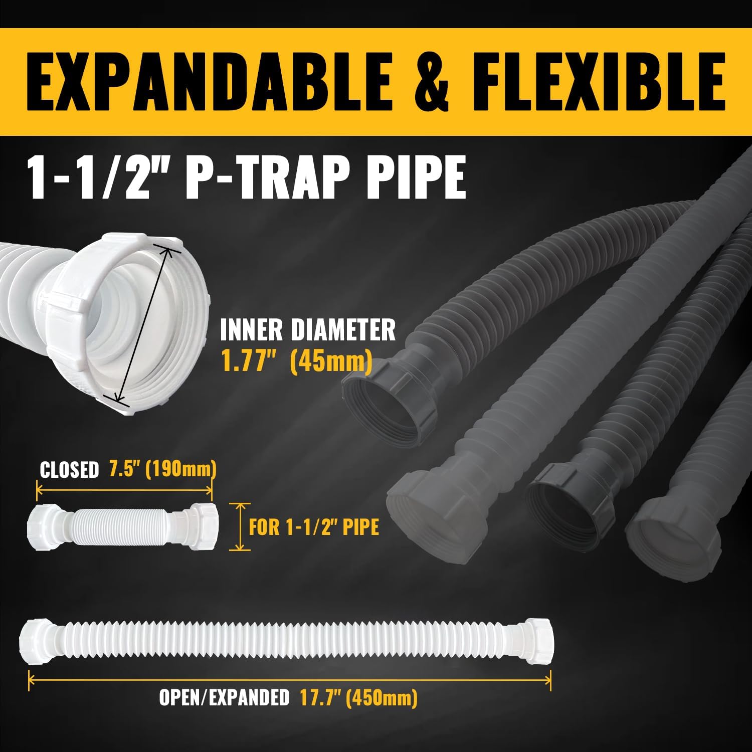 VIVIDA 1-1/2" Sink Drain Pipe Kit, Flexible Drain Pipe P Trap, 7.5"-17.7" Flexible P Trap, Under Sink Plumbing for Bathroom & Kitchen, 1-1/4" Adapter Included, 1 PACK