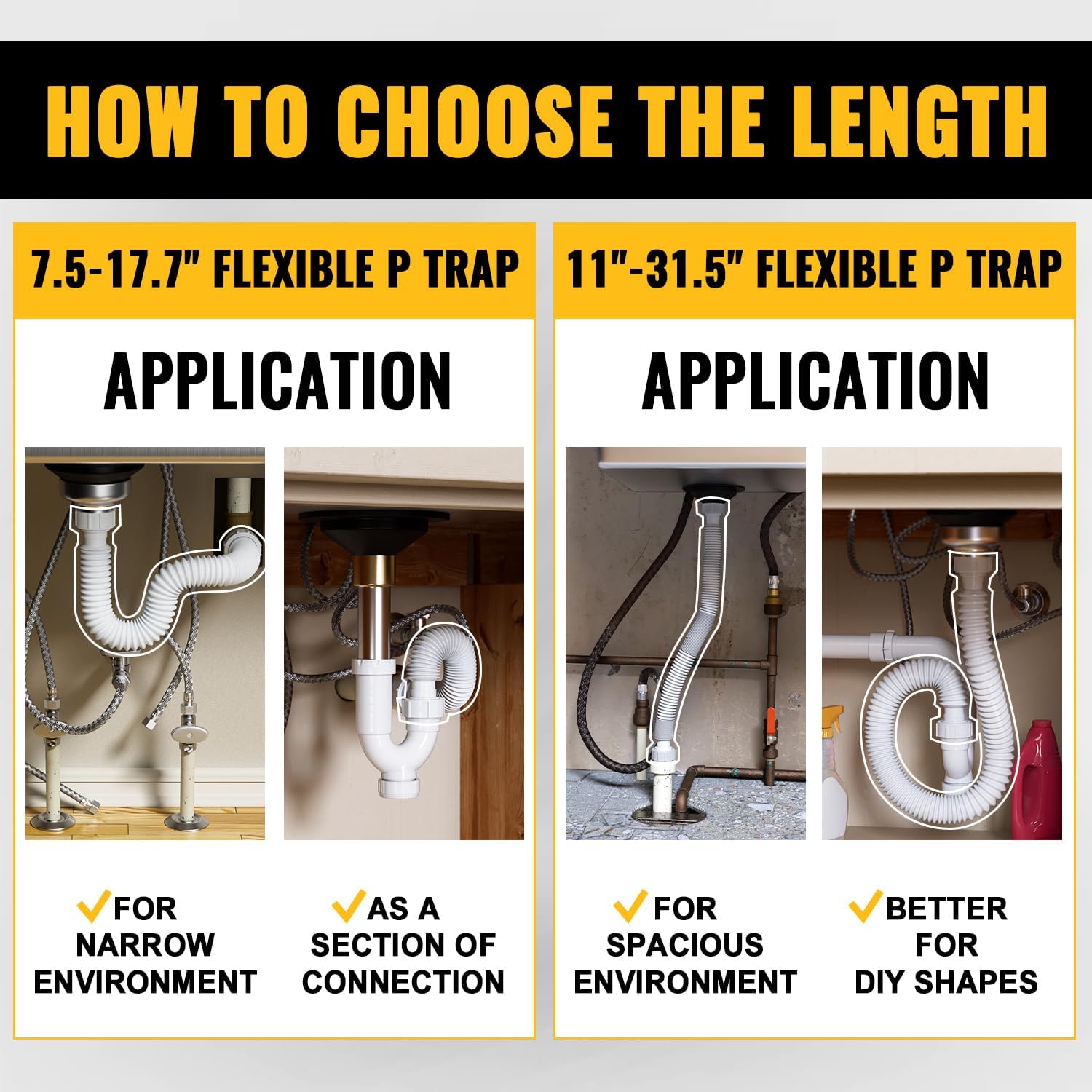 VIVIDA 1-1/2" Sink Drain Pipe Kit, Flexible Drain Pipe P Trap, 7.5"-17.7" Flexible P Trap, Under Sink Plumbing for Bathroom & Kitchen, 1-1/4" Adapter Included, 1 PACK