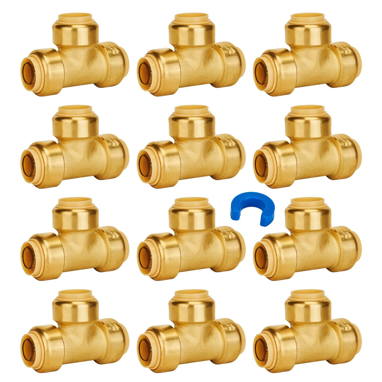SUNGATOR 1/2 Inch Tee, Push Pex Tee Plumbing Fittings 1/2 Inch, No Lead Brass Push-to-Connect T Plumbing Fittings for PEX Pipe, Copper, CPVC, with 1 Disconnect Clip, Pack of 12