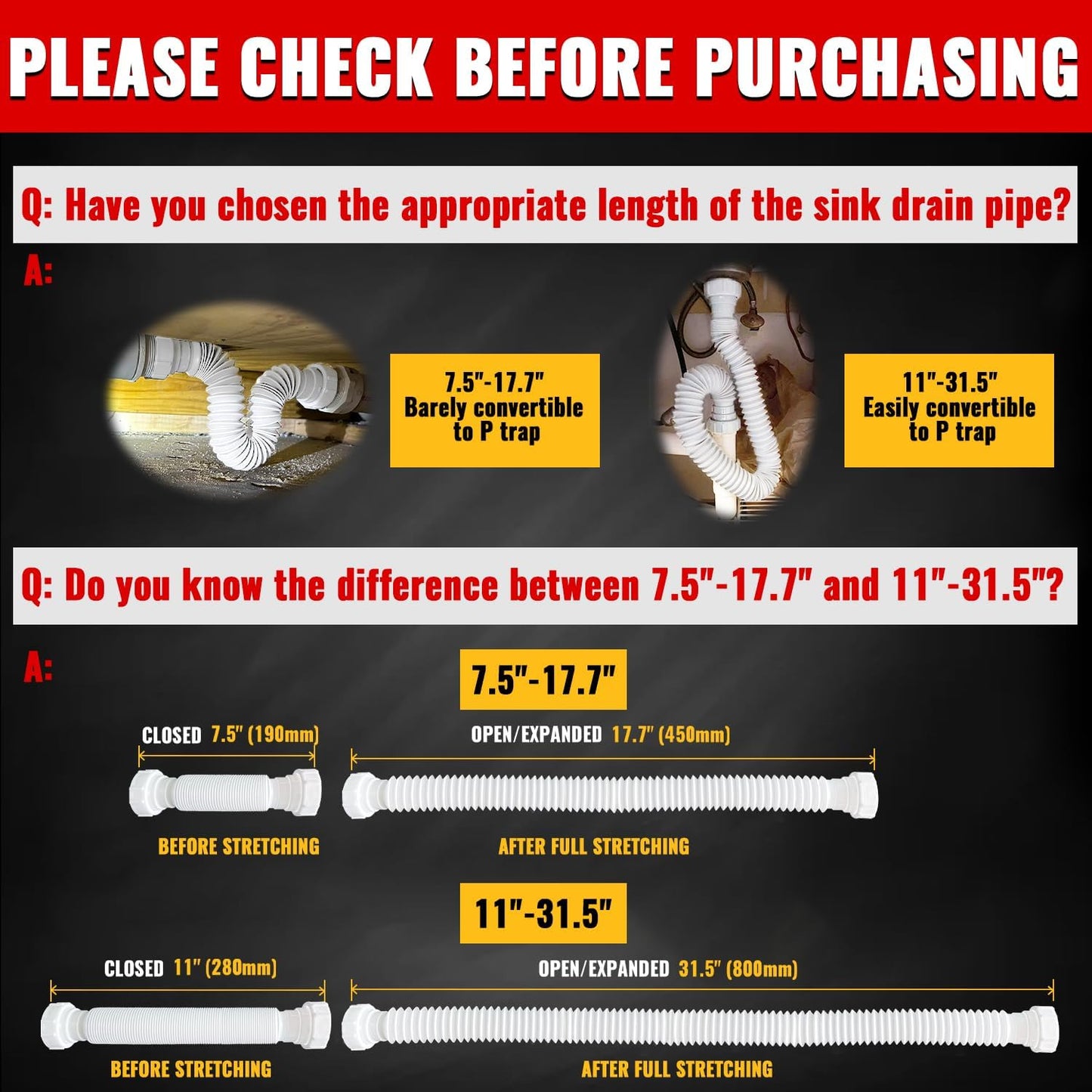 VIVIDA 1-1/2" Sink Drain Pipe Kit, Flexible Drain Pipe P Trap, 7.5"-17.7" Flexible P Trap, Under Sink Plumbing for Bathroom & Kitchen, 1-1/4" Adapter Included, 1 PACK