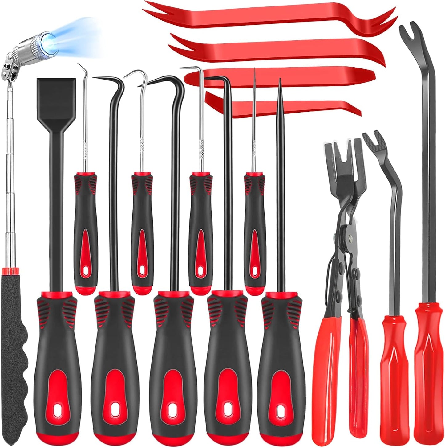 17 Pcs Pick and Hook Set with Trim Removal Tool, Clip Pliers, Fastener Remover,Scraper,and Magnetic Telescoping Tool Kit for Repair Automotive,Upholstery and Electronics Maintenance Pick Tools