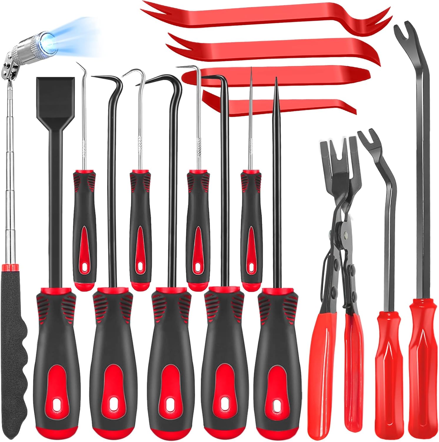 17 Pcs Pick and Hook Set with Trim Removal Tool, Clip Pliers, Fastener Remover,Scraper,and Magnetic Telescoping Tool Kit for Repair Automotive,Upholstery and Electronics Maintenance Pick Tools
