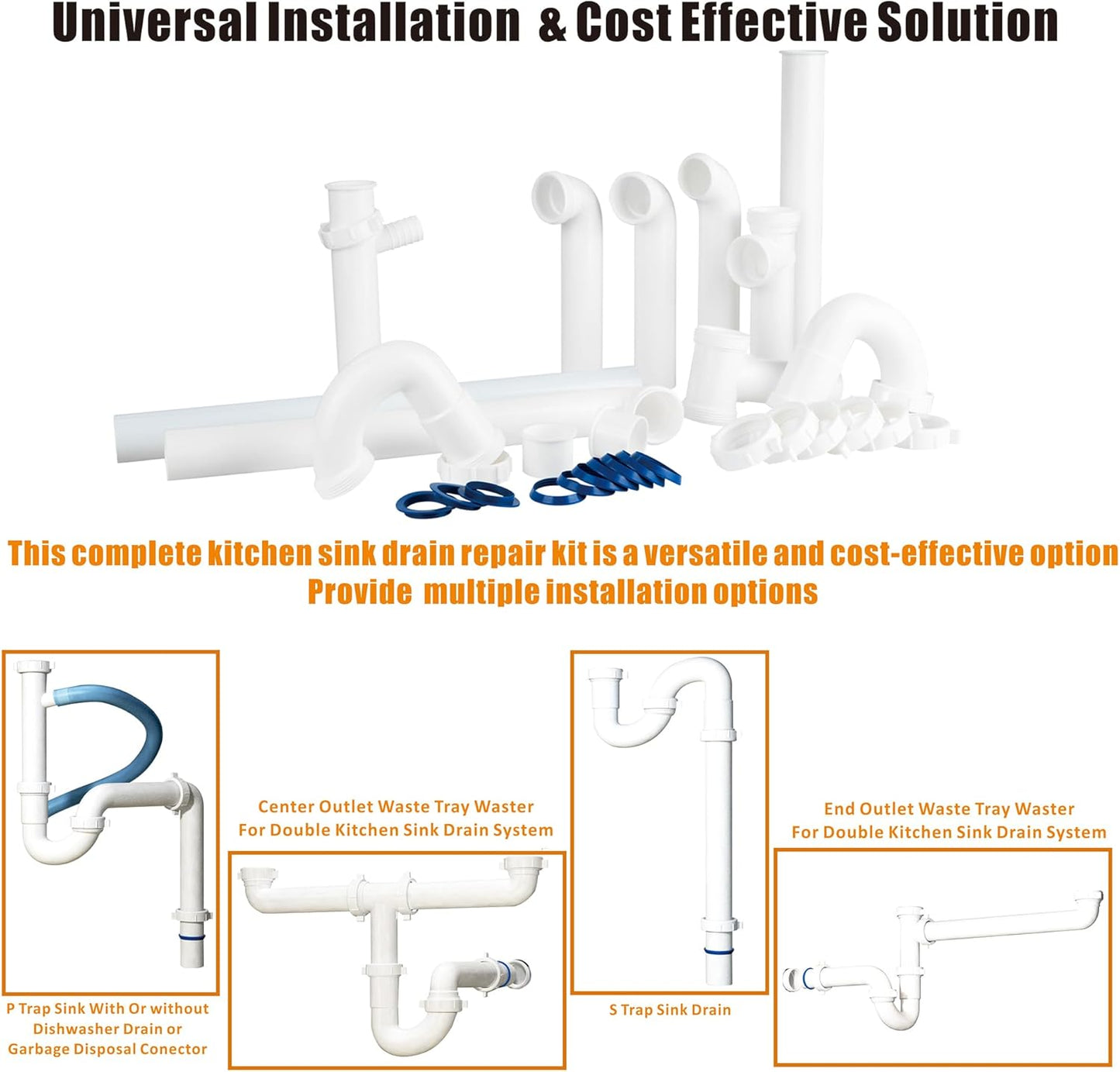 Kitchen Sink Drain Kit,1-1/2”,for Most Kitchen Sink Drain Repair Kit and Bathroom Sink Drain Kit, Kitchen Sink P Trap Drain Kit 1 1/2” for Sink Plumbing Kit, Completed Sink Pipe Replacement Kit