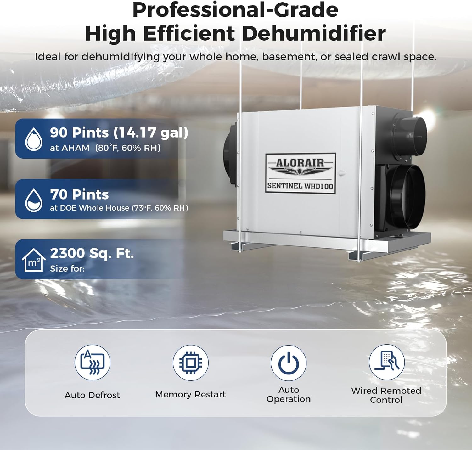 ALORAIR Whole House Dehumidifier, 90 PPD Commercial Grade Whole Home Dehumidifiers for Garages, Water Damage Restoration, 2300 Sq.Ft dehumidifiers for Crawl Space
