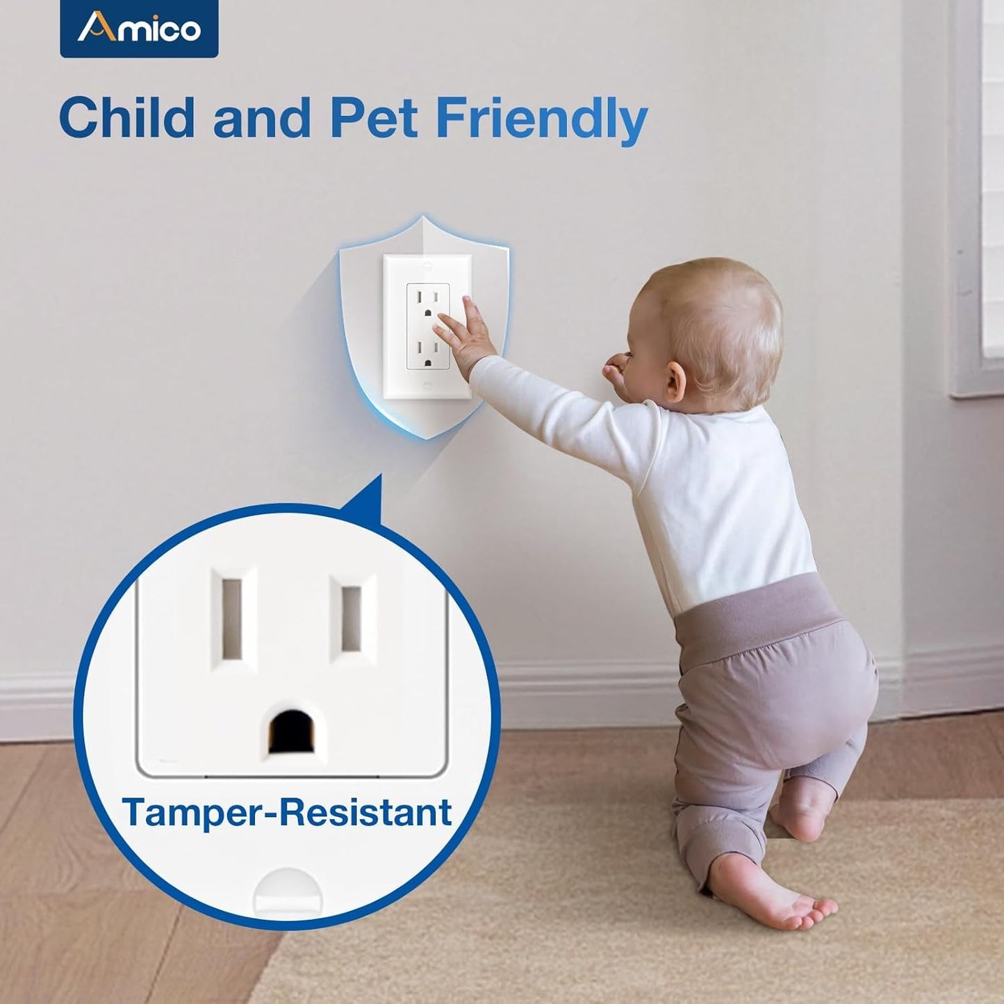 Amico 100 Pack 15 Amp Outlet, Standard Electrical Outlets, Tamper Resistant, 2-Pole 3-Wire Wall Outlet, 125V/1875W, NEMA 5-15R, Wall Plates And Screws Included, for Home And Business, White, UL Listed