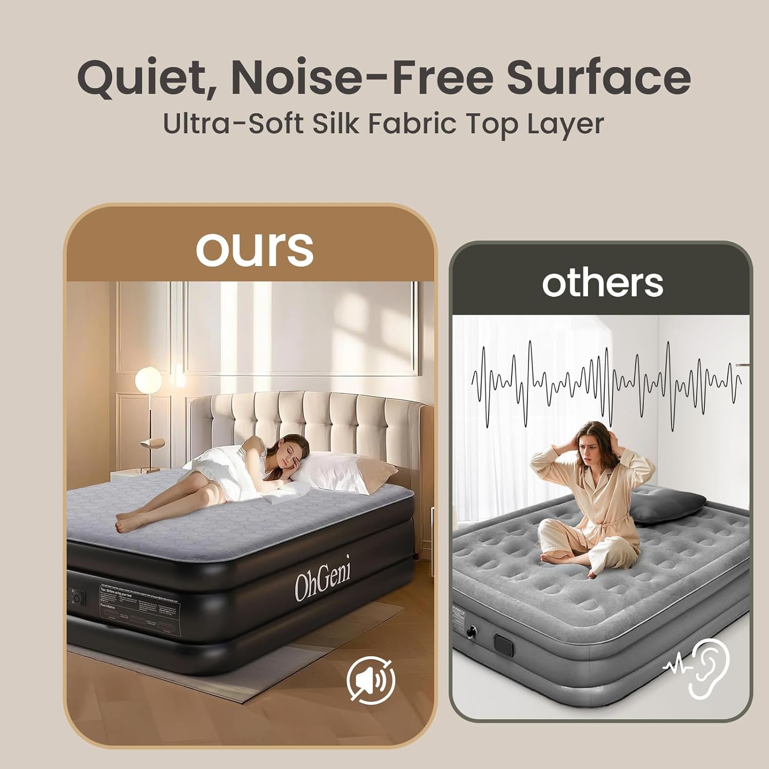 OhGeni 20" Luxury Queen Air Mattress with Built-in Pump & 20" Luxury Full Inflatable Bed with Silk Foam Topper for Superior Comfort, Blow-Up Mattress for Home, Camping & Guests, Extra Support, Black