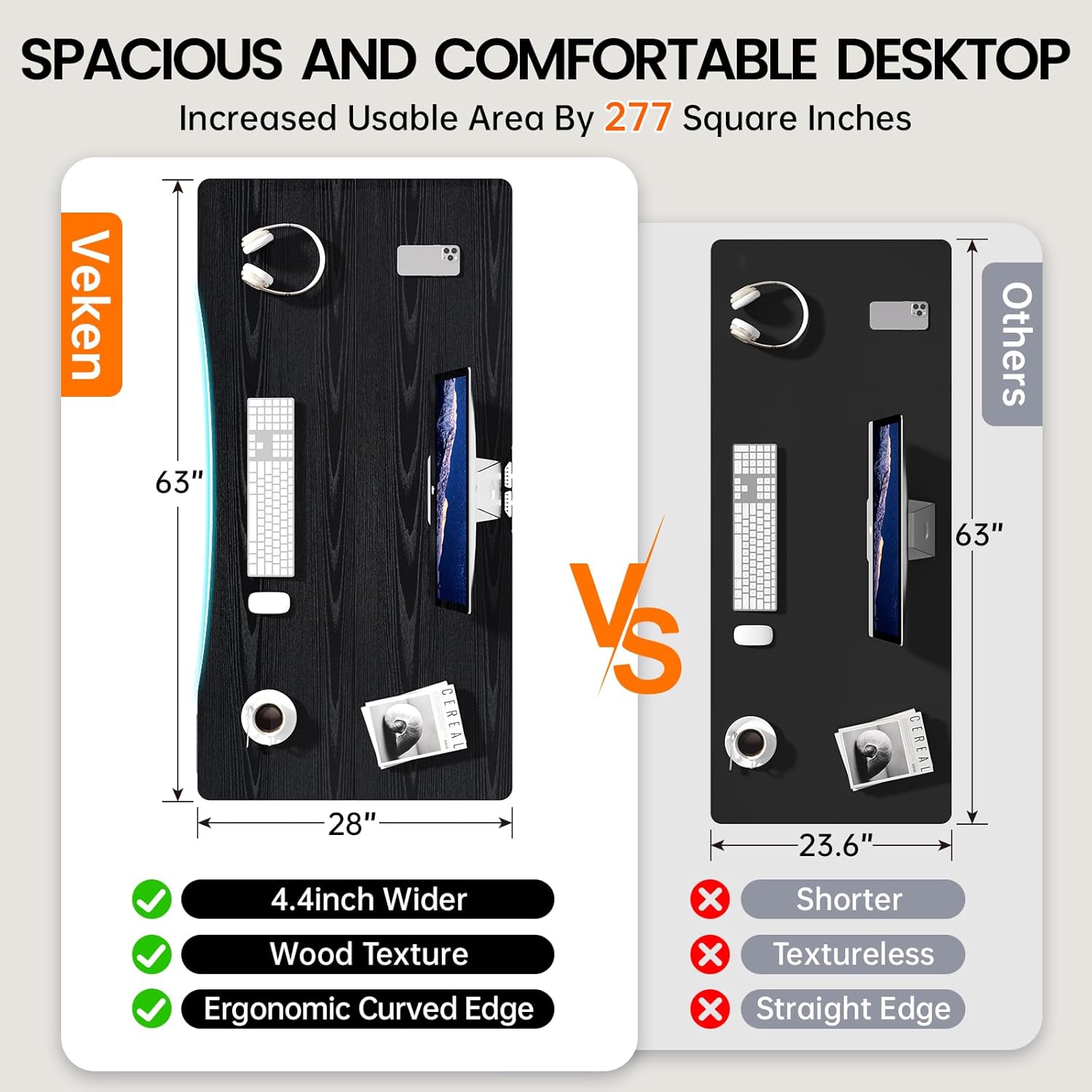 Veken 63 x 28 Inch Electric Standing Desk with Adjustable Height, Sit to Stand Computer Table for Study, Work or Gaming, Home Office Desk Black