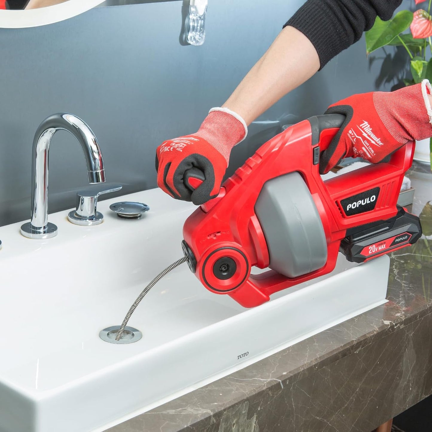 POPULO 20V Cordless Electric Drain Auger-Efficient 25Ft Auto-Feed Drain Snake with Replaceable Cable,2.0Ah Battery,Charger,Storage Bag & Gloves for Kitchen,Bathroom,Shower Pipes (3/4"-2")"