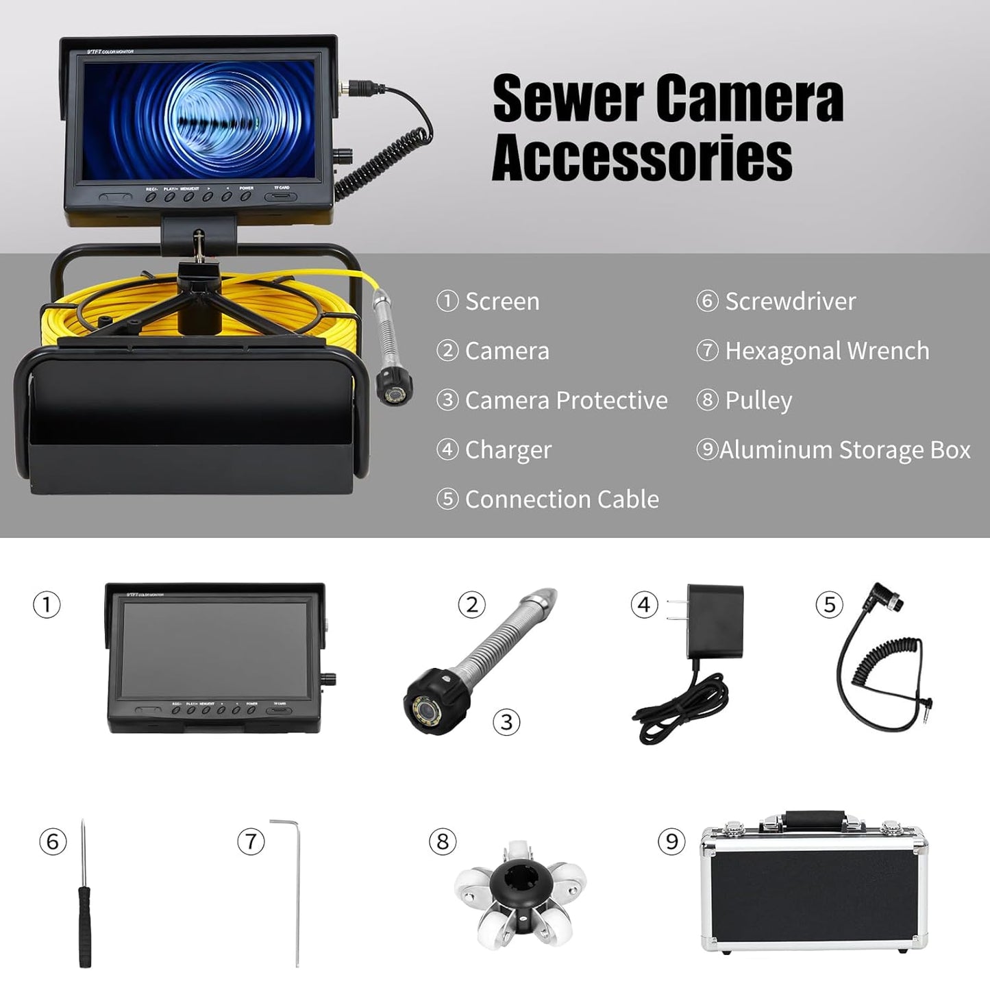 Sewer Camera 98.4FT, 9" 1080P Color LCD with DVR, Drain Plumbing Camera with Waterproof IP68 23MM Stainless-Steel Probe, 12 LEDs, 16GB Card & Aluminum Carry Case – for Pipe & HVAC Inspection