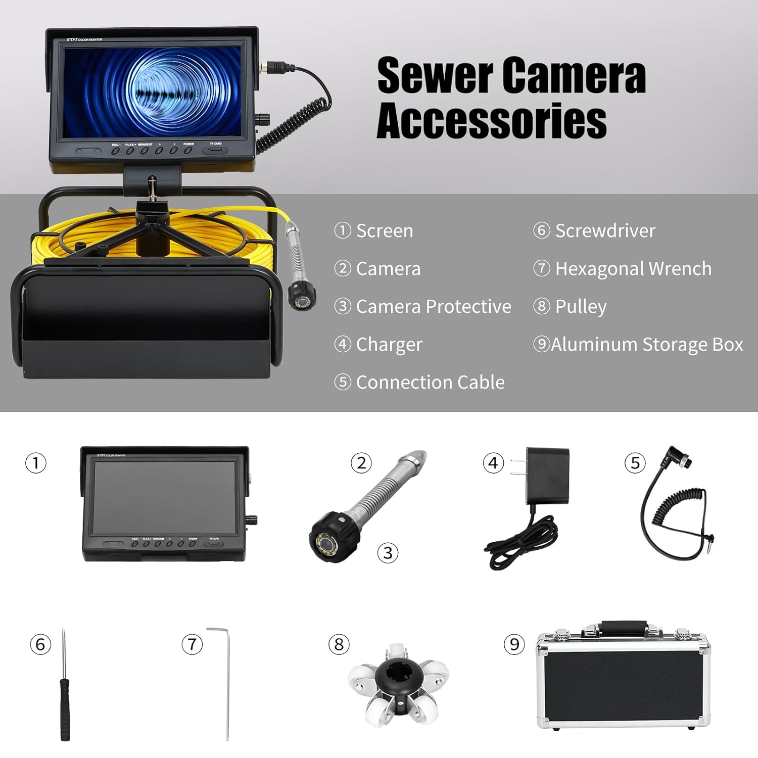 Sewer Camera 98.4FT, 9" 1080P Color LCD with DVR, Drain Plumbing Camera with Waterproof IP68 23MM Stainless-Steel Probe, 12 LEDs, 16GB Card & Aluminum Carry Case – for Pipe & HVAC Inspection
