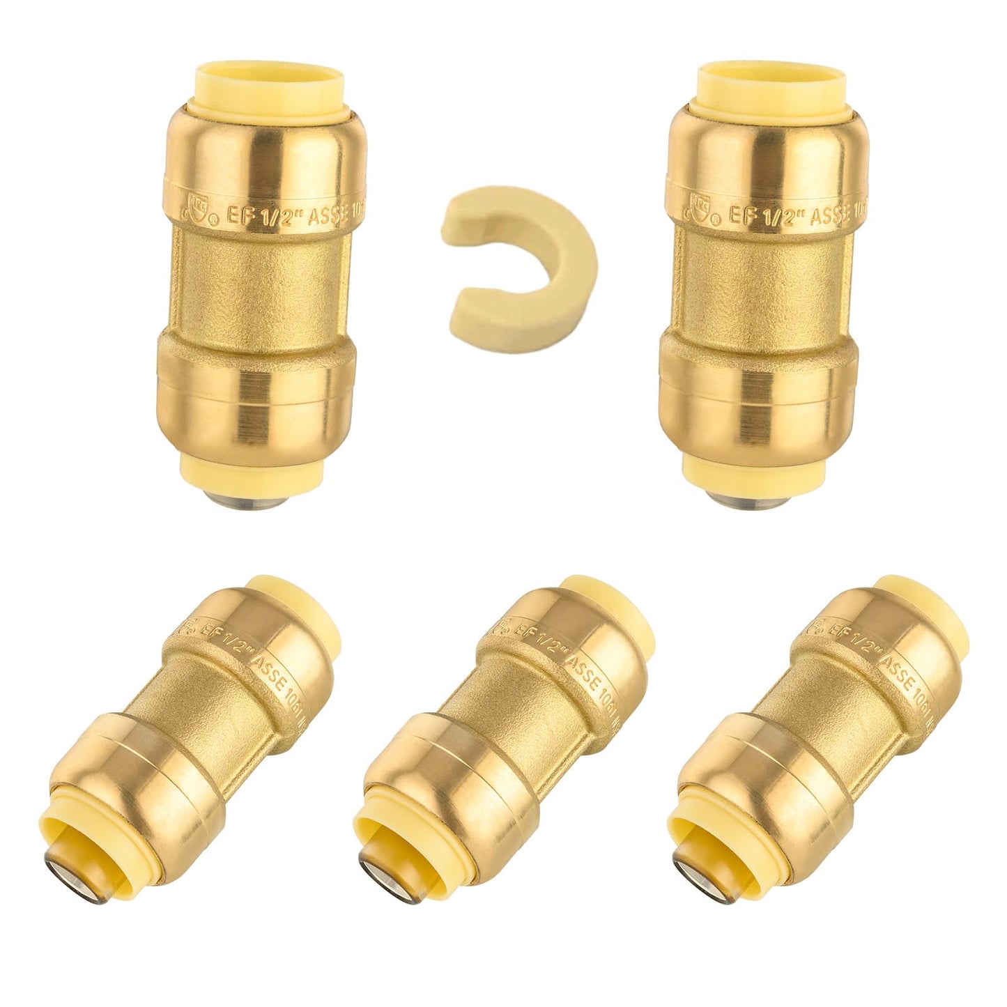 5-Pack Niikappu Push Fit Fittings, 3/4" x 3/4" Brass Plumbing Fittings to Connect PEX, Copper, CPVC, Brass Straight Coupling With Disconnect Clip(PF008-5Pack)