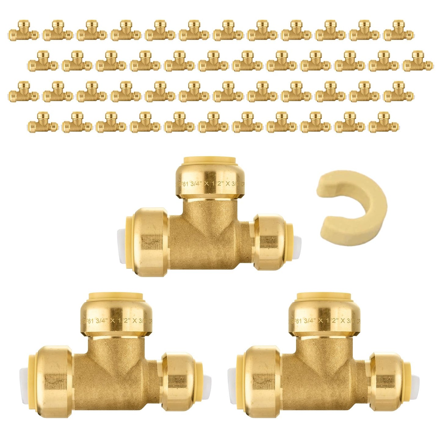 5-Pack Niikappu Pushfit Tee, 3/4"x3/4"x1/2" PEX Brass Push-fit Tee, Push to Connect Plumbing Fittings for PEX, Copper, CPVC, with Disconnect Clip(PF127-5)