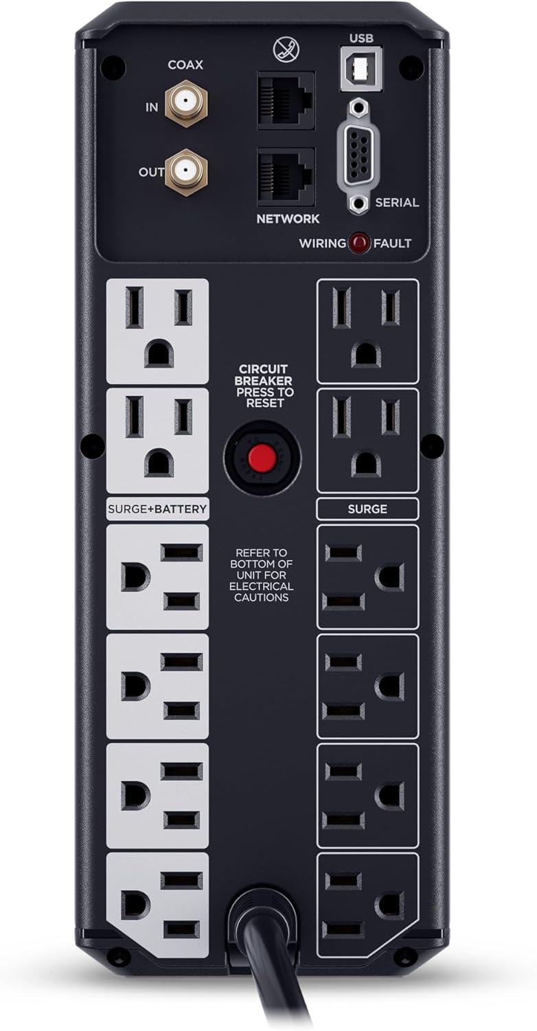CyberPower CP1500AVRLCD3 Intelligent LCD UPS System, 1500VA/900W, 12 Outlets, 2 USB Ports, AVR, Mini Tower, Black