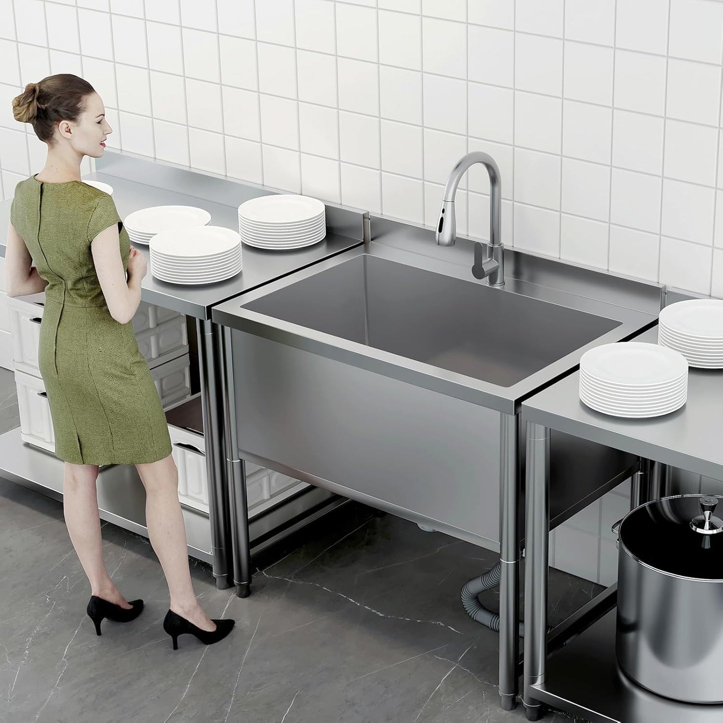 Stainless Steel Commercial Restaurant Sink, Freestanding Large Commercial Sink with Pull-out Faucet for Kitchen Dishwashing, Thawing, Pet Cleaning, Laundry Room, 35 Gallon, 23.6"D x 33.5"W x 36.8"H