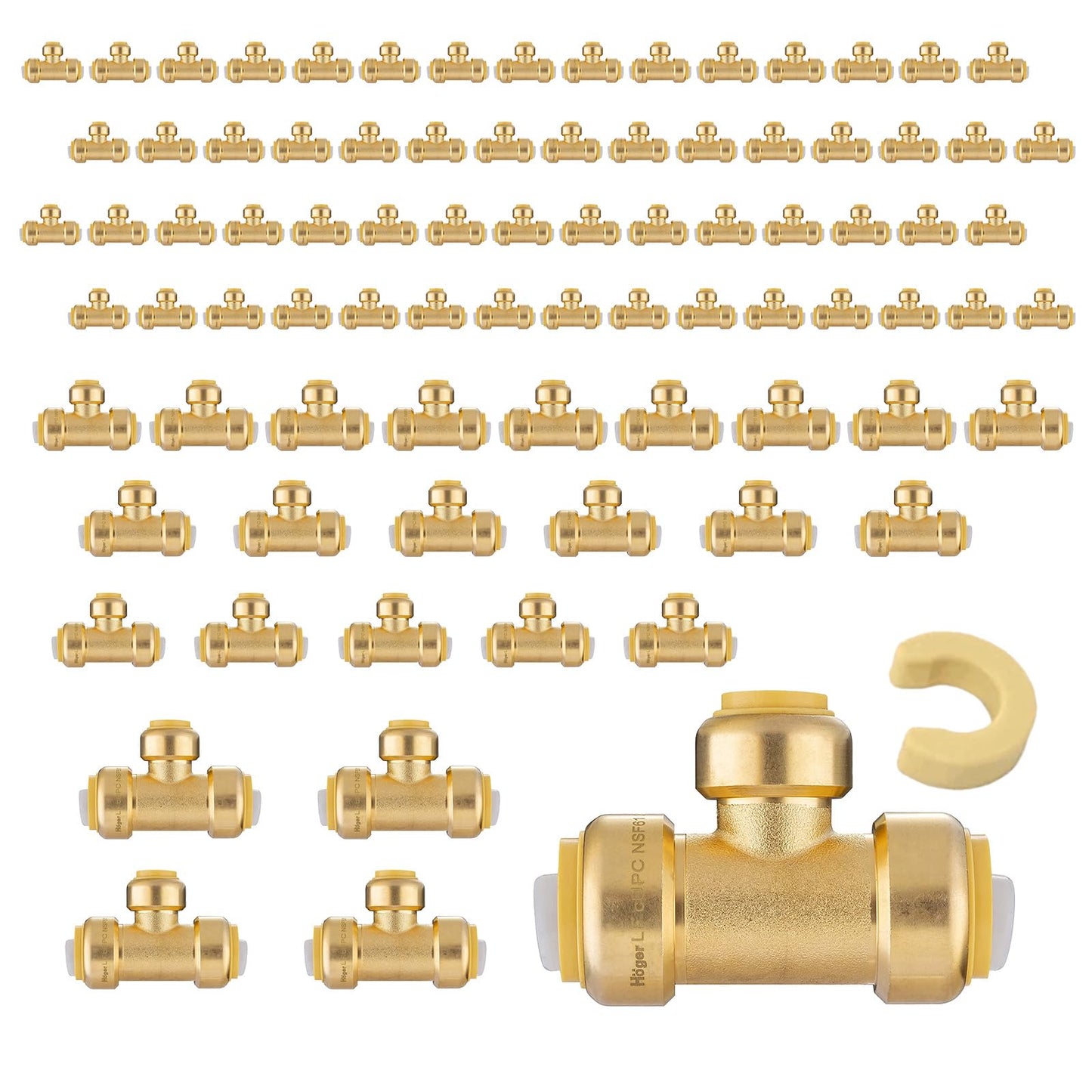 5-Pack Niikappu Pushfit Tee, 3/4"x3/4"x1/2" PEX Brass Push-fit Tee, Push to Connect Plumbing Fittings for PEX, Copper, CPVC, with Disconnect Clip(PF127-5)