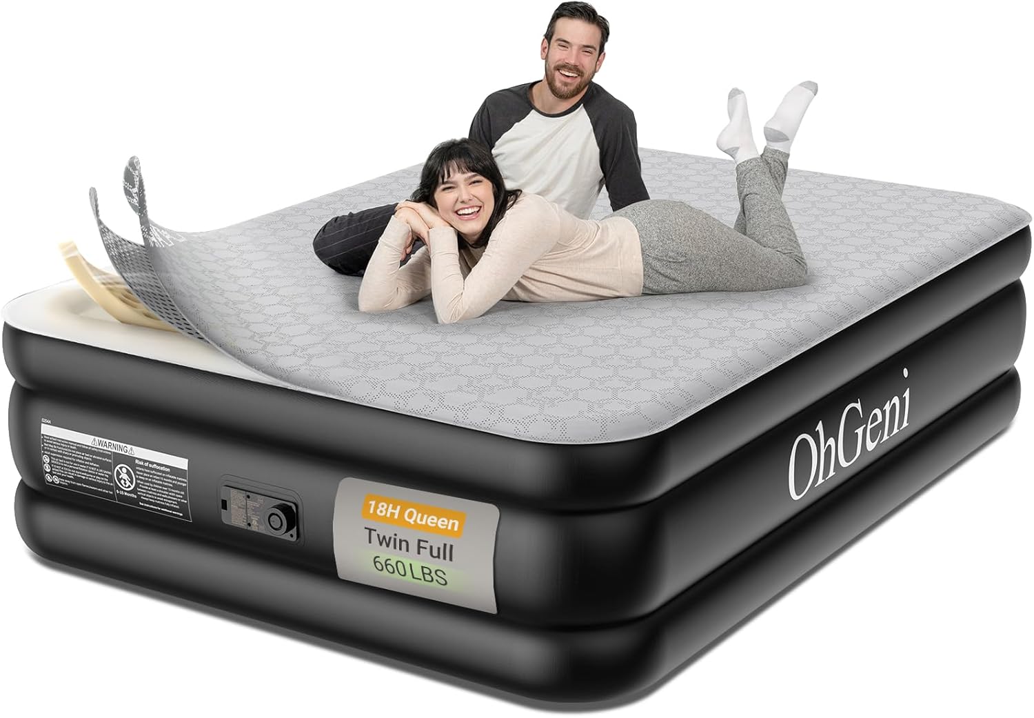 OhGeni 18" Luxury Queen Air Mattress with Built-in Pump & 20" Luxury Full Inflatable Bed with Silk Foam Topper for Superior Comfort, Blow-Up Mattress for Home, Camping & Guests, Extra Support, Black