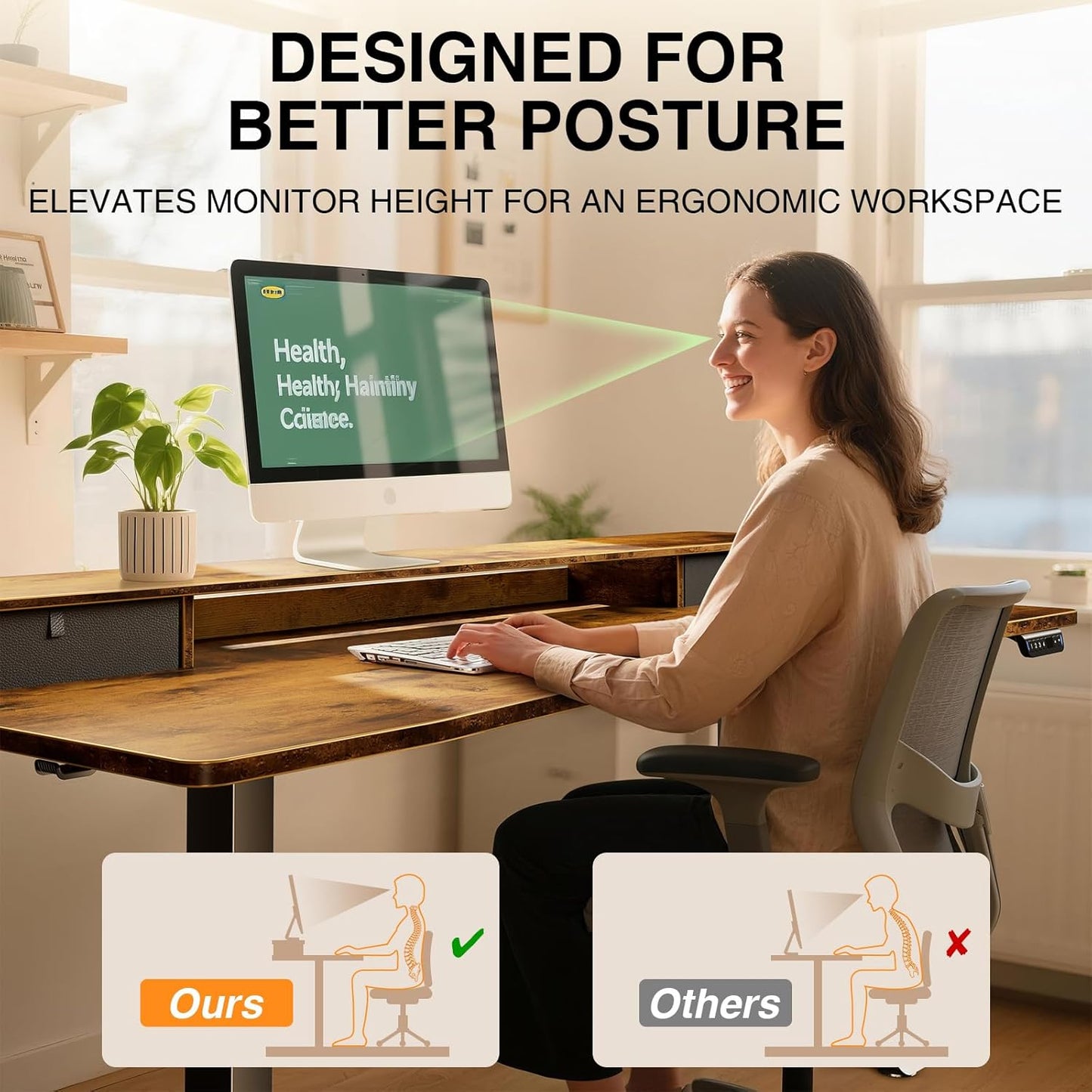 Veken 63"×27.6" Adjustable Standing Desk with Drawers, Ergonomic Computer Desk with Monitor Shelf, Home Office Desk for Work, Study, Gaming, Writing, Brown