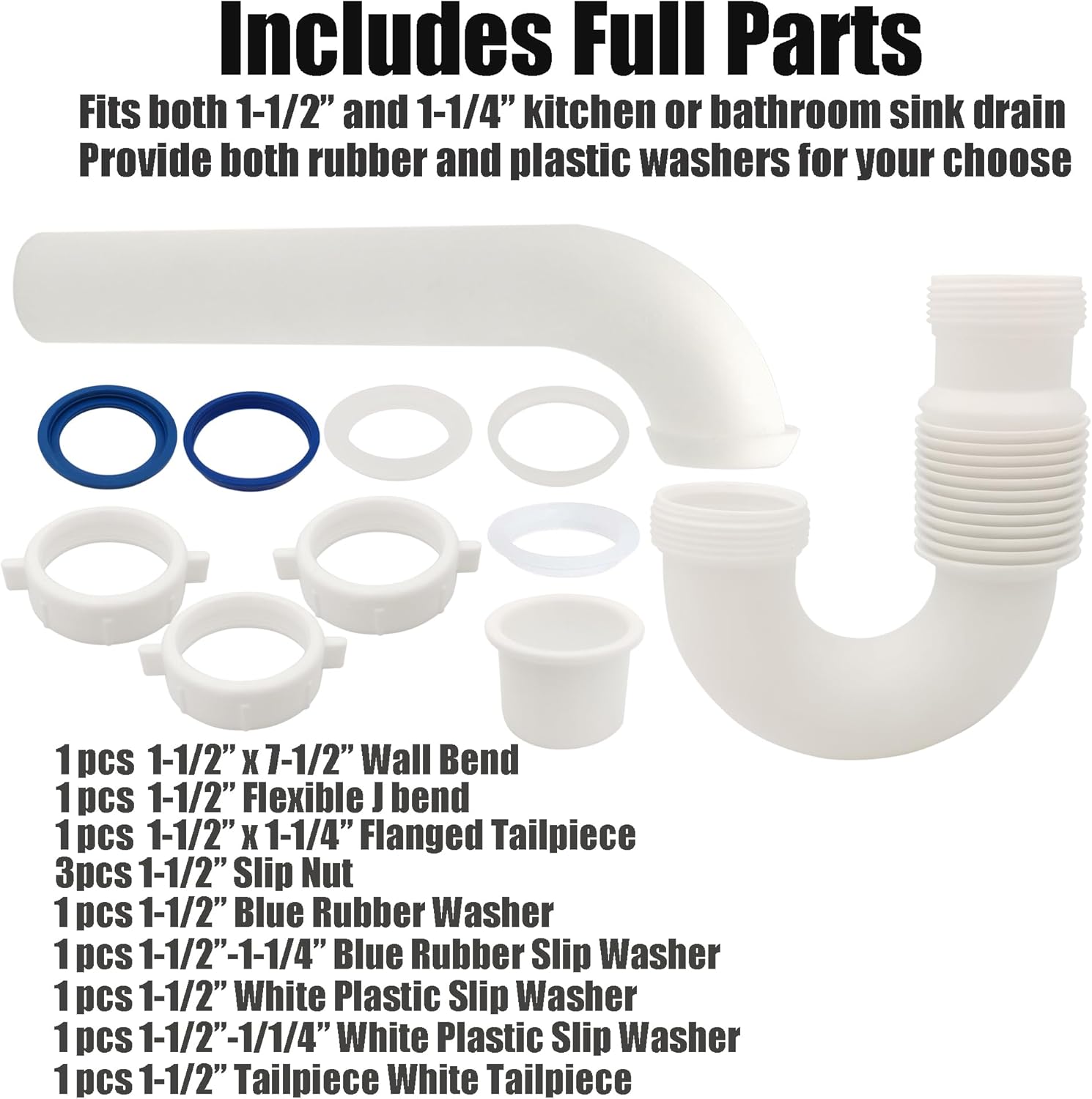 Flexible P Trap for Bathroom Sink, Flex Drain Pipe for Bathroom Sink Drain Kit and Kitchen Sink Drain Kit, 1-1/2" or 1-1/4" Expandable Sink Trap, Slip Joint or Direct Connection 1/2 Inch P Trap Kit