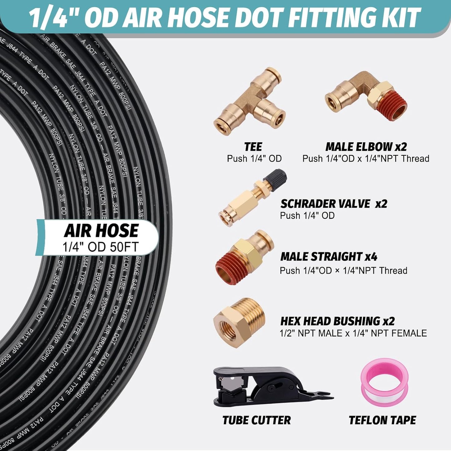 50FT 1/4 Air Hose Brass Fittings Kit 11pcs 1/4" OD Quick Push to Connect DOT Brass Fittings 1/4 SAE J844 PA12 Nylon Air Line Tubing with Cutter for Air Suspension Kit Truck Trailer Brake System