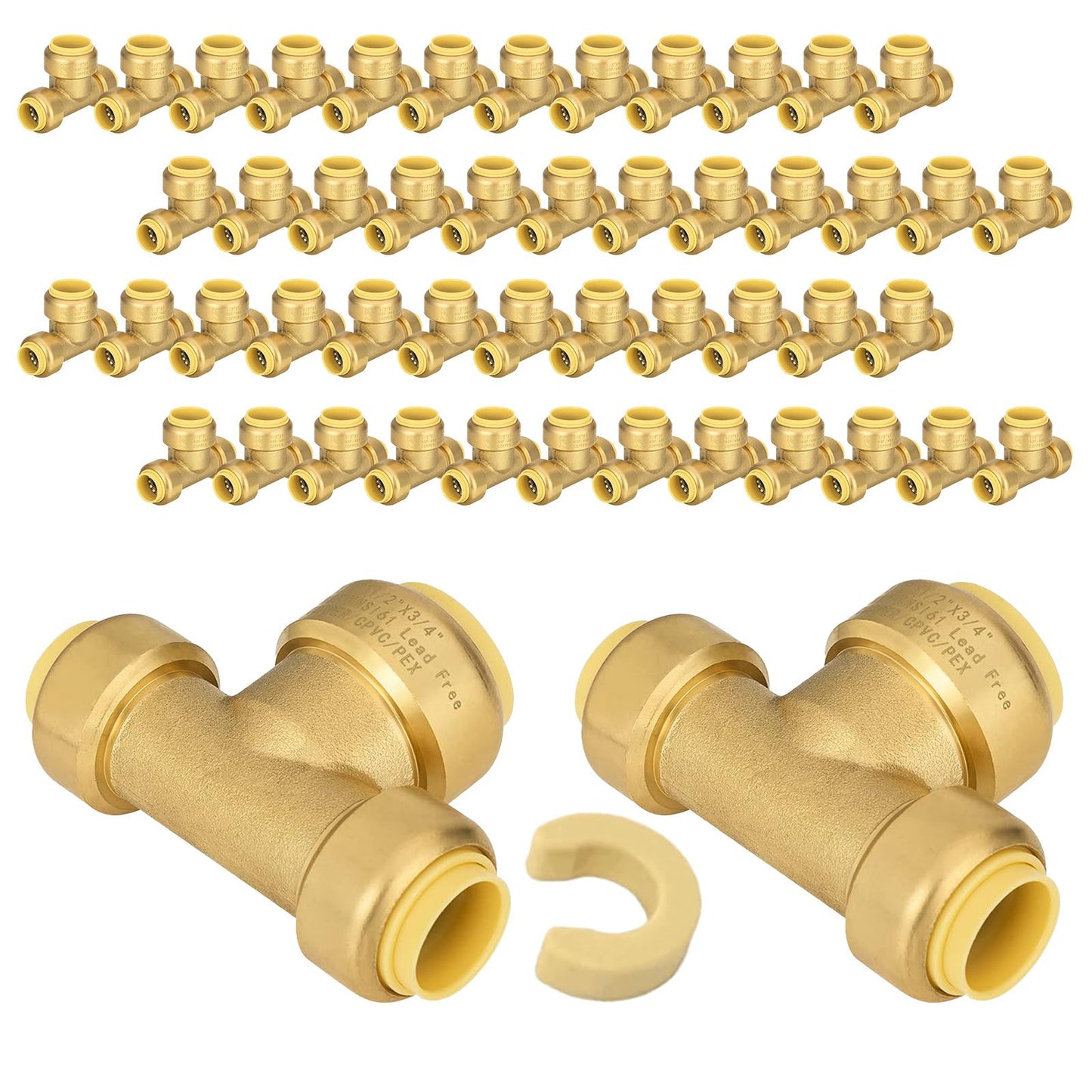 5-Pack Niikappu Pushfit Tee, 3/4"x3/4"x1/2" PEX Brass Push-fit Tee, Push to Connect Plumbing Fittings for PEX, Copper, CPVC, with Disconnect Clip(PF127-5)