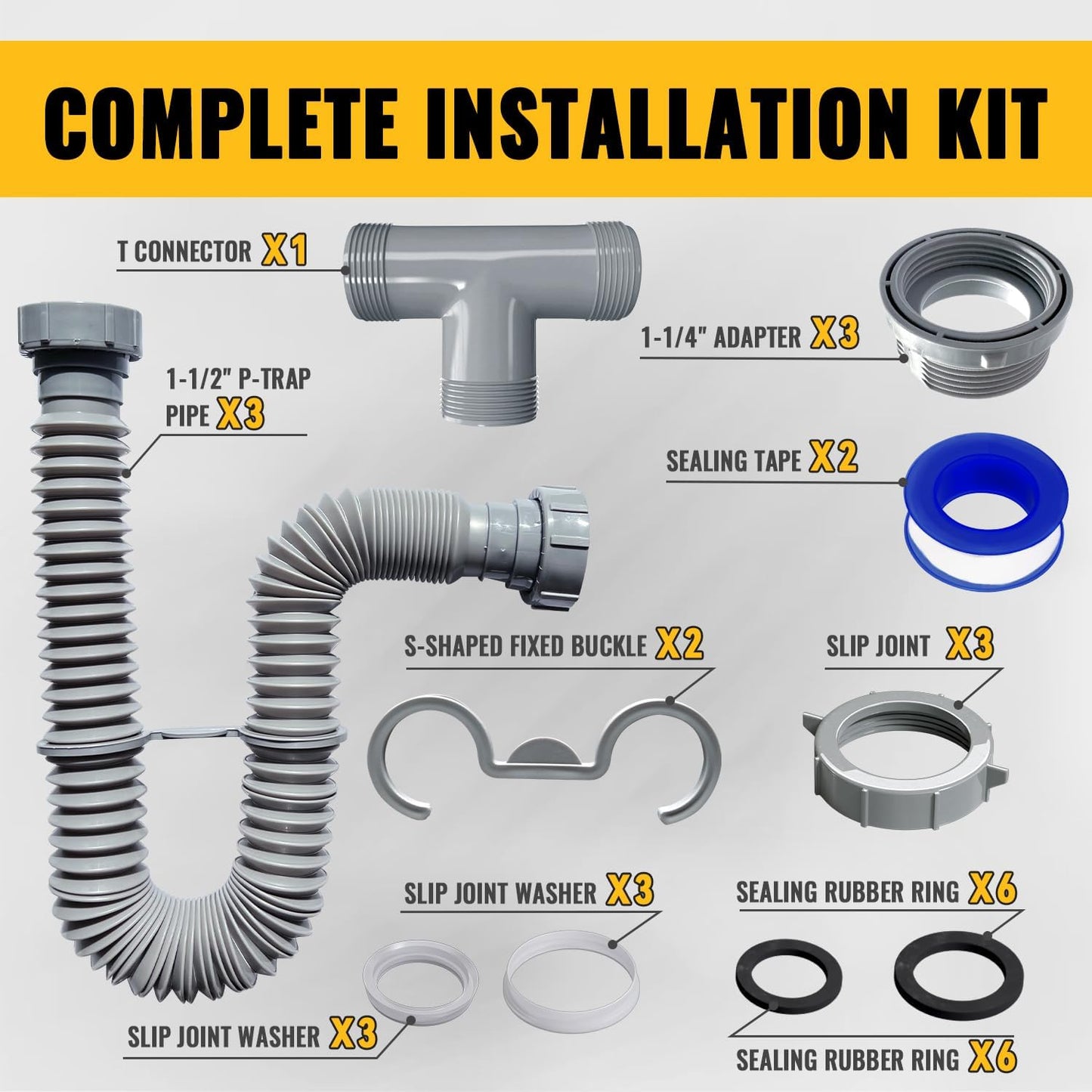 VIVIDA Double Sink Drain Pipe Kit, 1-1/2" Flexible Drain Pipe, 11"-31.5" Expandable Flexible P Trap for Double Kitchen Sink, 1-1/4" Adapter Included, Gray, 1 PACK