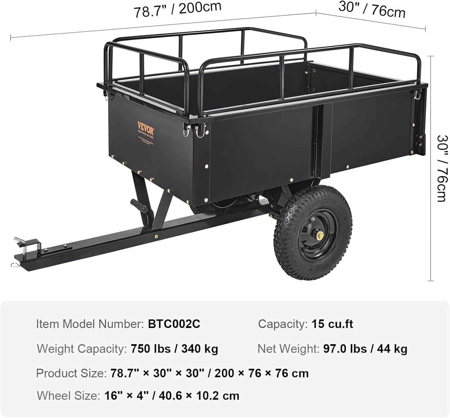 VEVOR Heavy Duty ATV Dump Cart - Steel Tow Behind trailer, 750 lbs, 15 Cubic Feet Garden Utility with Removable Sides