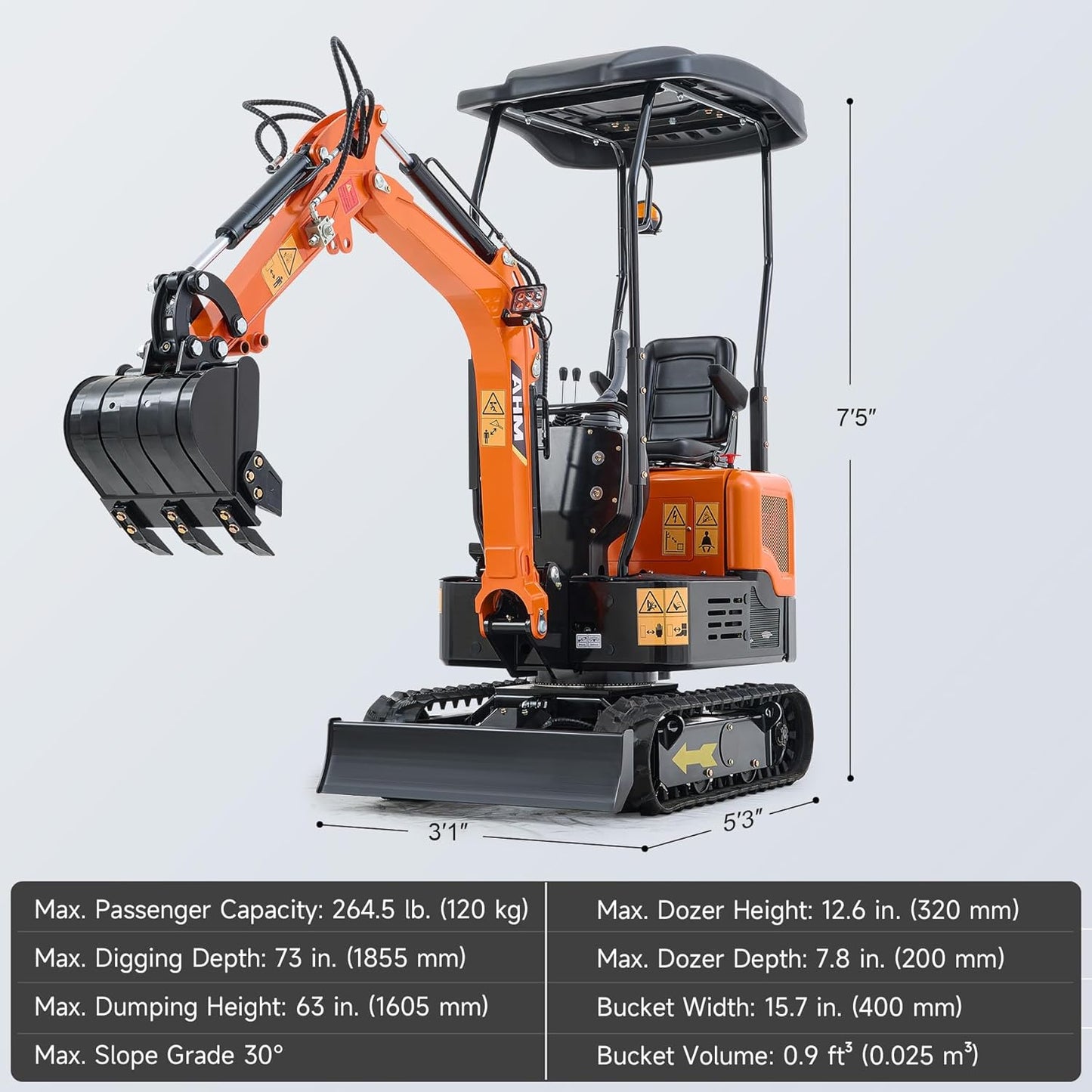 AHM Mini Excavator, 1 Ton Crawler Excavator with Hydraulic Oil Cooling System 13.5hp EPA Engine, Small Crawler Digger for Trenching Material Handling, Compact Trench Digger for Farm Construction Site