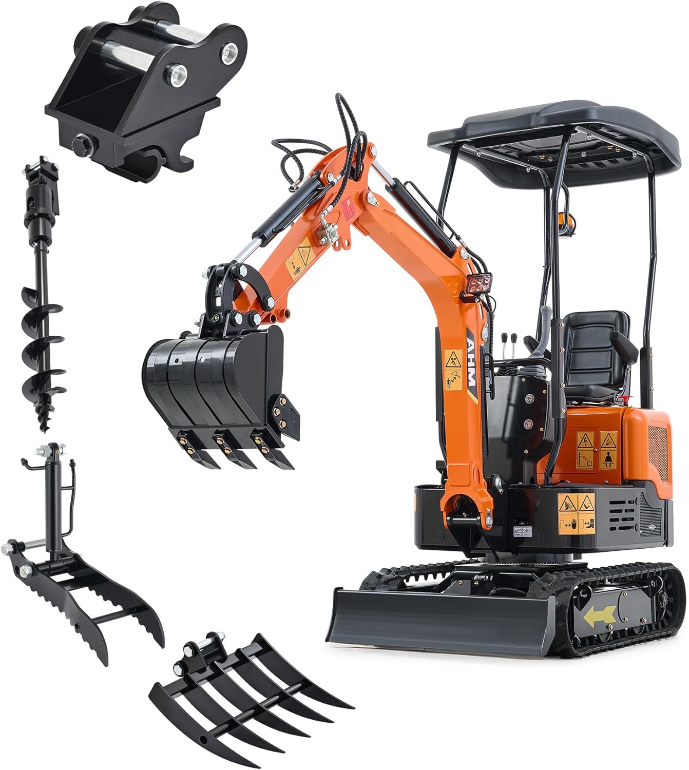 AHM 1 Ton Mini Excavator with Hydraulic Thumb Auger & Rake & Quick Change Hitch, Crawler Excavator with 13.5hp EPA Gasoline Engine & Hydraulic Oil Cooler, Trench Digger for Farm Construction Site