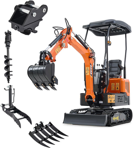 AHM 1 Ton Mini Excavator with Hydraulic Thumb Auger & Rake & Quick Change Hitch, Crawler Excavator with 13.5hp EPA Gasoline Engine & Hydraulic Oil Cooler, Trench Digger for Farm Construction Site