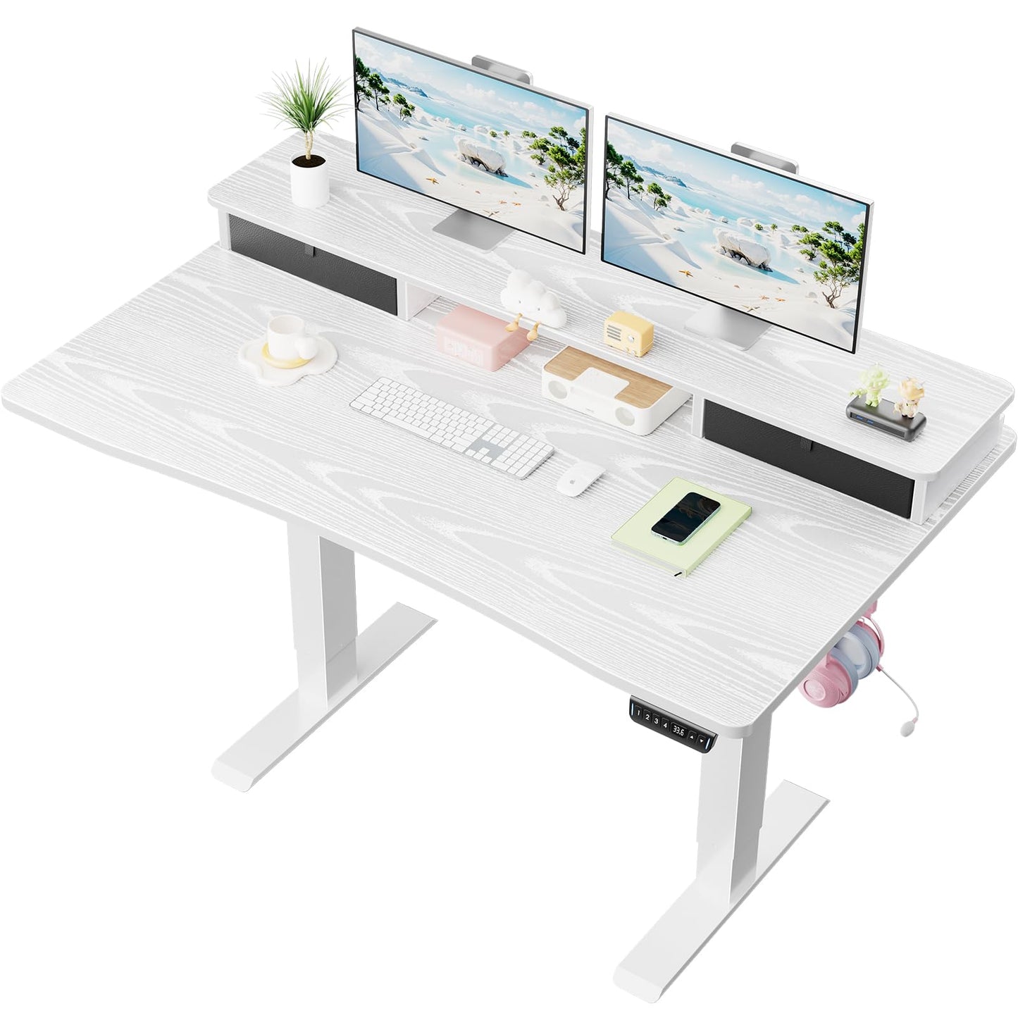Veken 63"×27.6" Adjustable Standing Desk with Drawers, Ergonomic Computer Desk with Monitor Shelf, Home Office Desk for Work, Study, Gaming, Writing, Brown