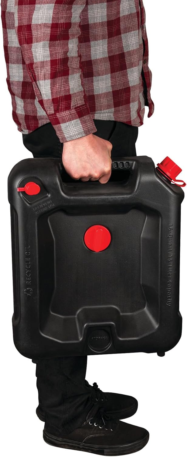 Performance Tool W4077 16-Quart Oil Drain Container, Deep Drain Well, Integrated Handle, Sealing Rubber Gaskets, Black