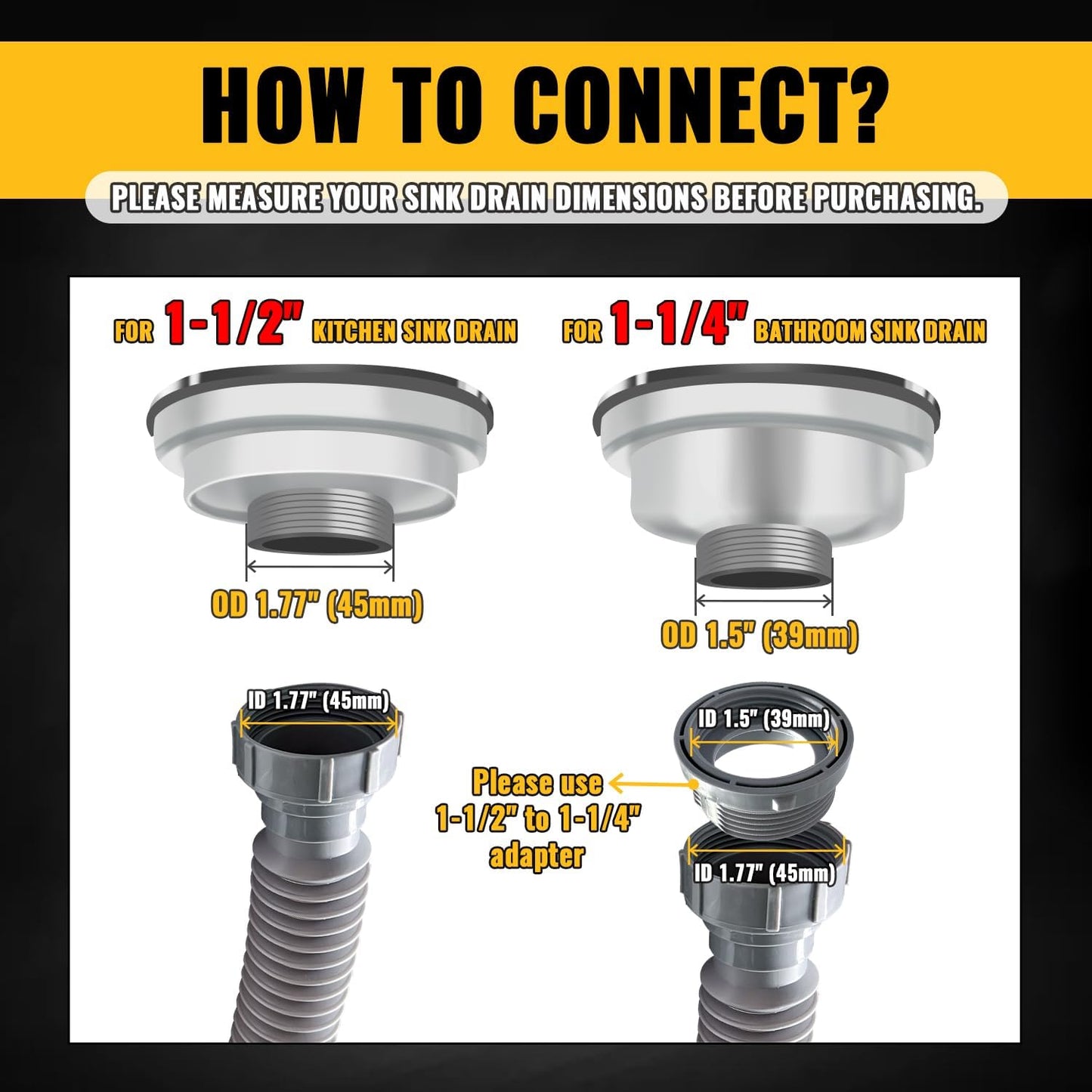 VIVIDA Double Sink Drain Pipe Kit, 1-1/2" Flexible Drain Pipe, 11"-31.5" Expandable Flexible P Trap for Double Kitchen Sink, 1-1/4" Adapter Included, Gray, 1 PACK