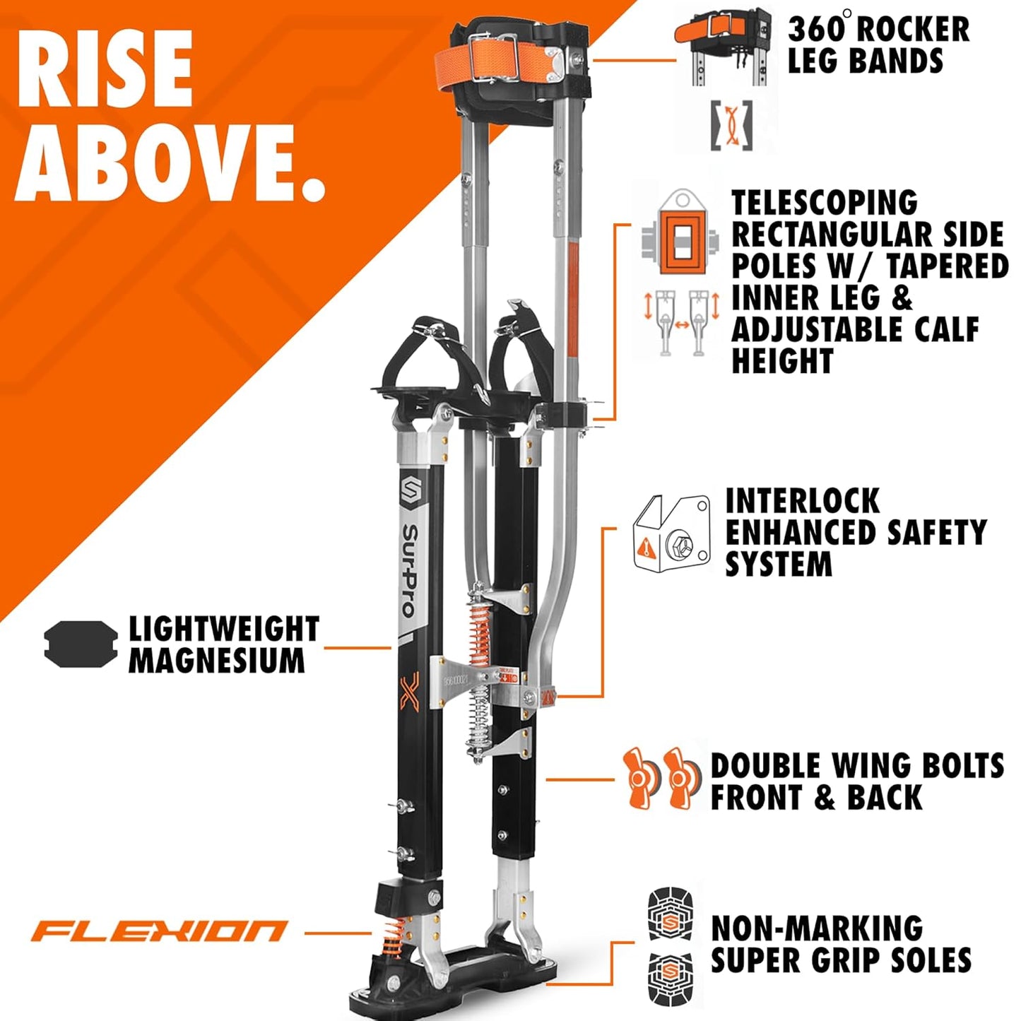 SurPro Double-Sided Drywall Stilts, Magnesium Base, 26” - 40” Height, QuadLock Contractor-Grade Stilts with Patented Flexion Foot System (S2X-M-2640) for Drywallers, Painters, Stilts Drywall