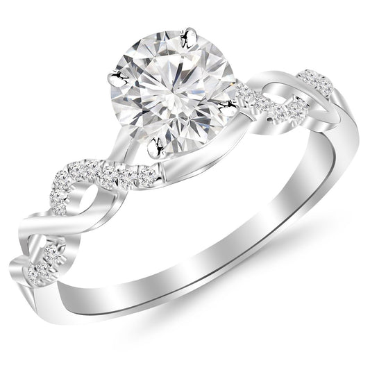 Houston Diamond District 0.63 Carat Twisting Infinity Gold and Diamond Split Shank Pave Set Diamond Engagement Ring with a 0.5 Carat J-K I2 Center