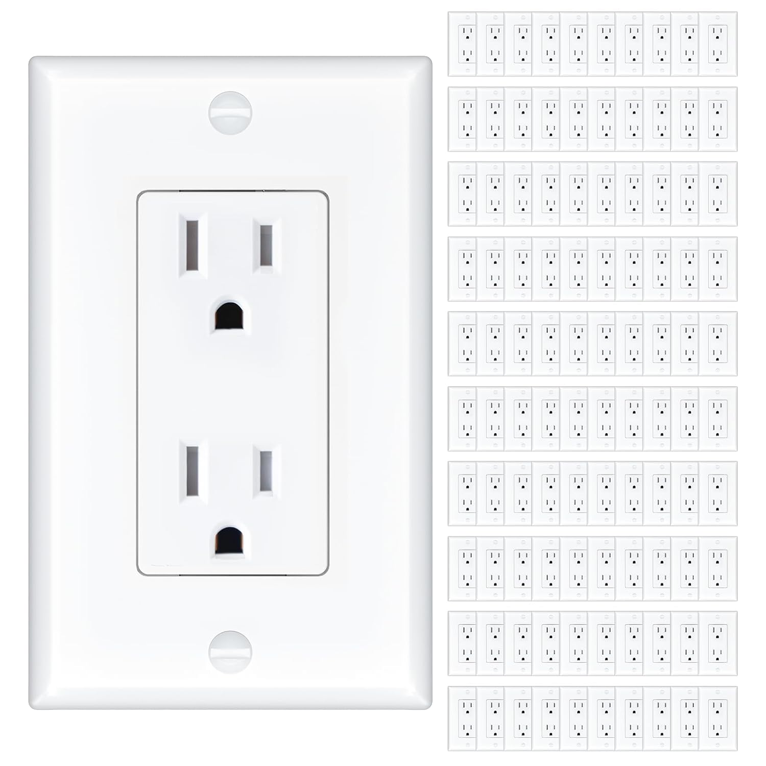 Amico 100 Pack 15 Amp Outlet, Standard Electrical Outlets, Tamper Resistant, 2-Pole 3-Wire Wall Outlet, 125V/1875W, NEMA 5-15R, Wall Plates And Screws Included, for Home And Business, White, UL Listed