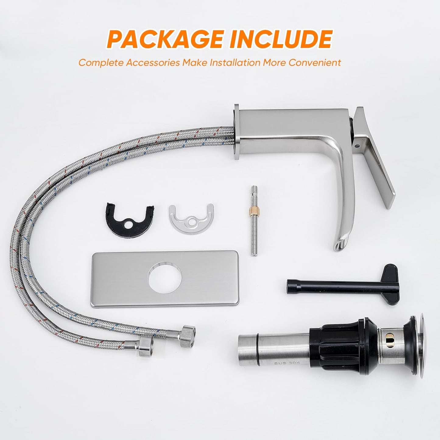 Bathroom Faucet Brushed Nickel OWOFAN Waterfall Washbasin Faucet with Pop Up Drain Single Handle Vanity Farmhouse RV Vessel Basin Mixer Tap Suitable for 1 or 3 Holes Supply Deck Plate and Hose