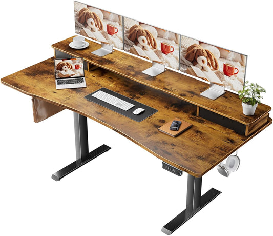 Veken 63"×27.6" Adjustable Standing Desk with Drawers, Ergonomic Computer Desk with Monitor Shelf, Home Office Desk for Work, Study, Gaming, Writing, Brown