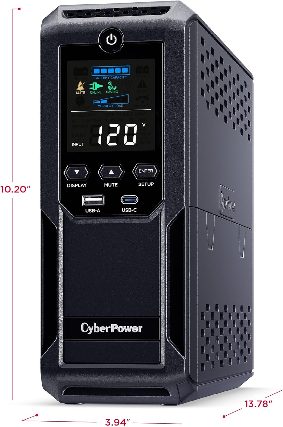 CyberPower CP1500AVRLCD3 Intelligent LCD UPS System, 1500VA/900W, 12 Outlets, 2 USB Ports, AVR, Mini Tower, Black