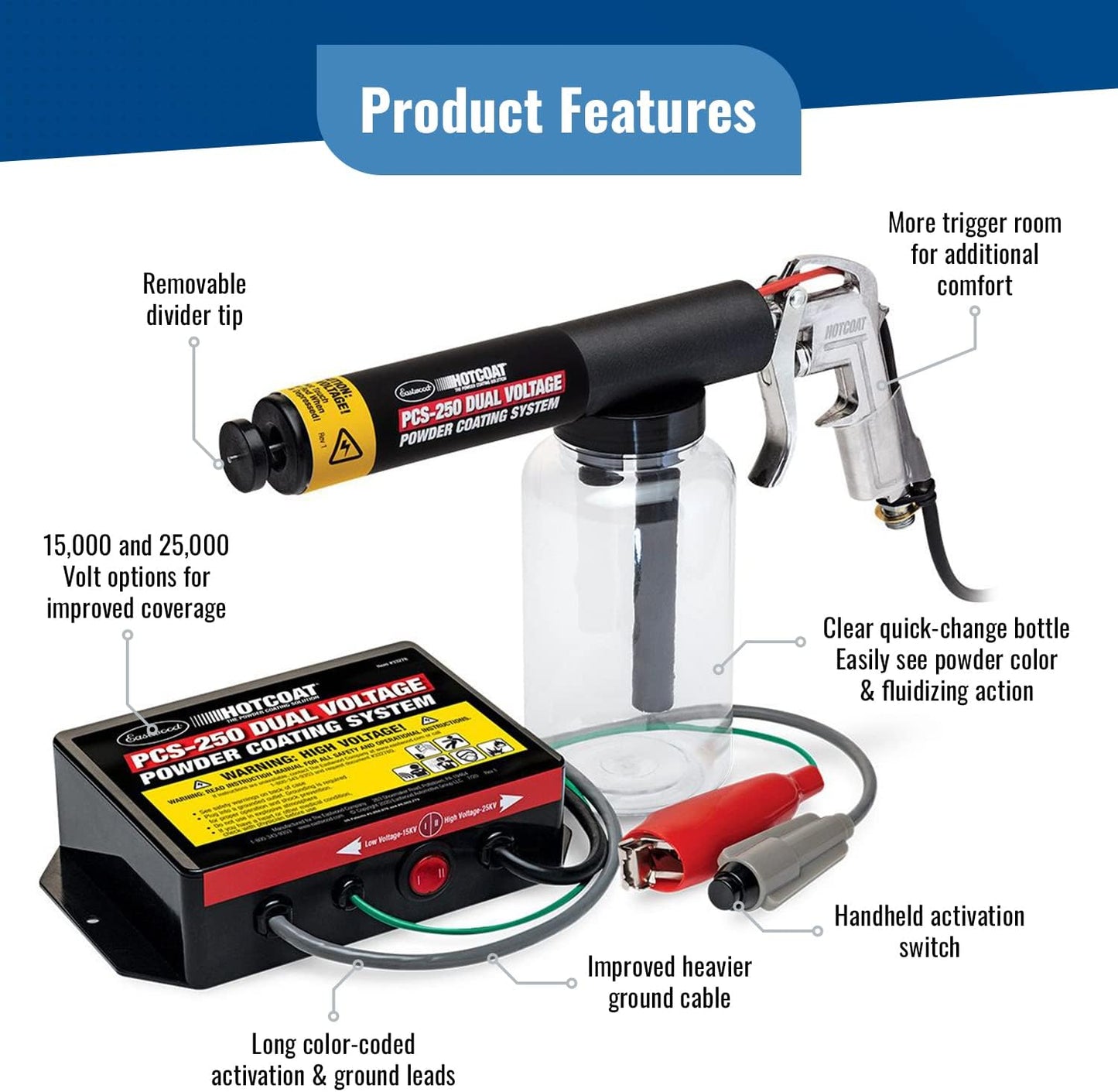 Eastwood Hotcoat PCS-250 Powder Coating System | Innovative Dual Voltage with Minimal Overspray and Larger Ground Clamp | Powder Coating Machine with Clear Bottle
