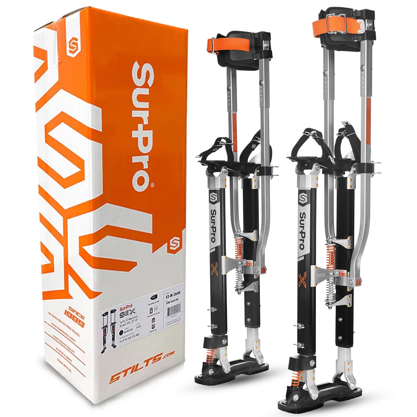 SurPro Double-Sided Drywall Stilts, Magnesium Base, 26” - 40” Height, QuadLock Contractor-Grade Stilts with Patented Flexion Foot System (S2X-M-2640) for Drywallers, Painters, Stilts Drywall