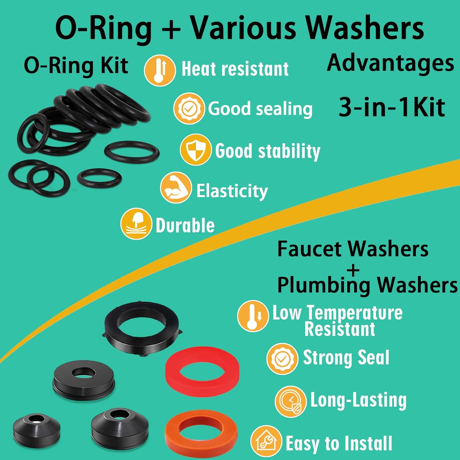37 Size 1075 Pcs Faucet Washers & O-Rings Kit & Plumbing Gasket 3-in-1 Home Universal Rubber Washers Assortment Kit for Faucet Hose Spigot Plumbing Seal Repair with Pick Hook