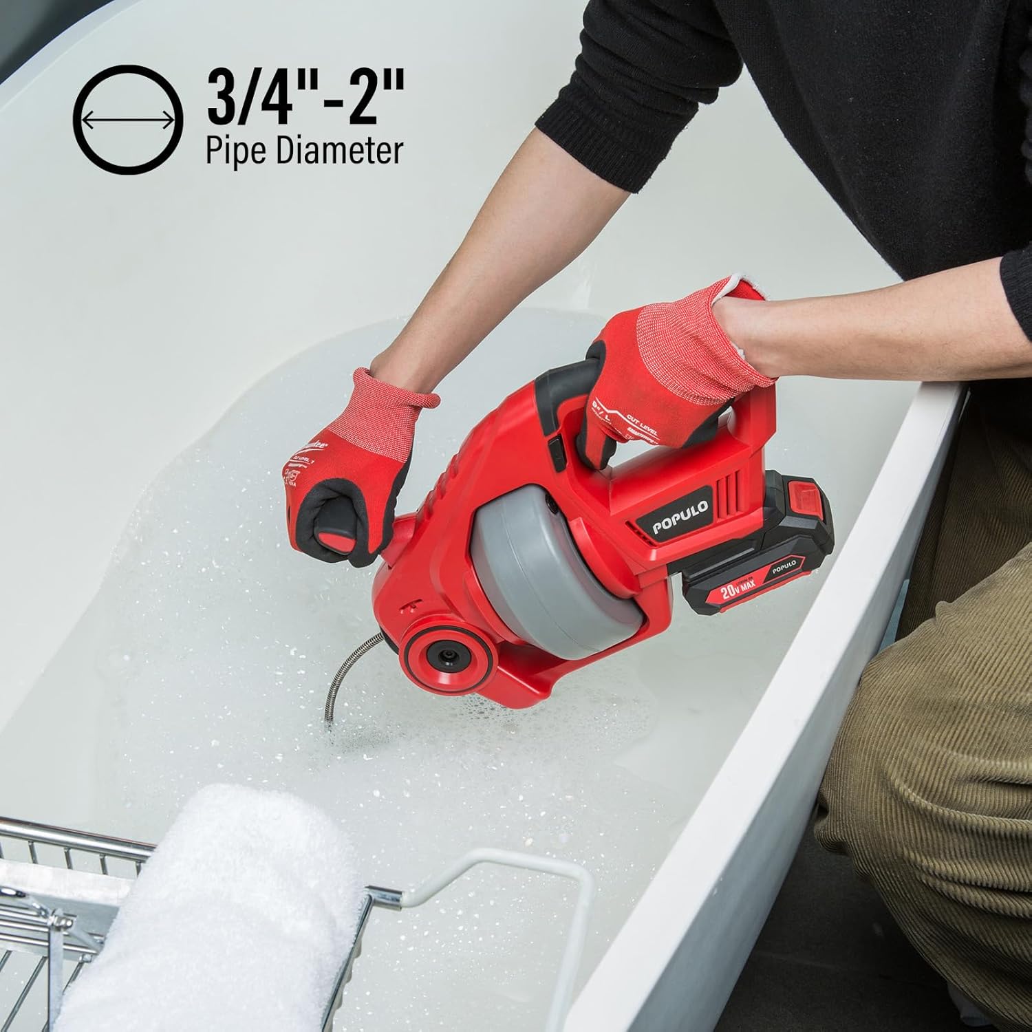 POPULO 20V Cordless Electric Drain Auger-Efficient 25Ft Auto-Feed Drain Snake with Replaceable Cable,2.0Ah Battery,Charger,Storage Bag & Gloves for Kitchen,Bathroom,Shower Pipes (3/4"-2")"