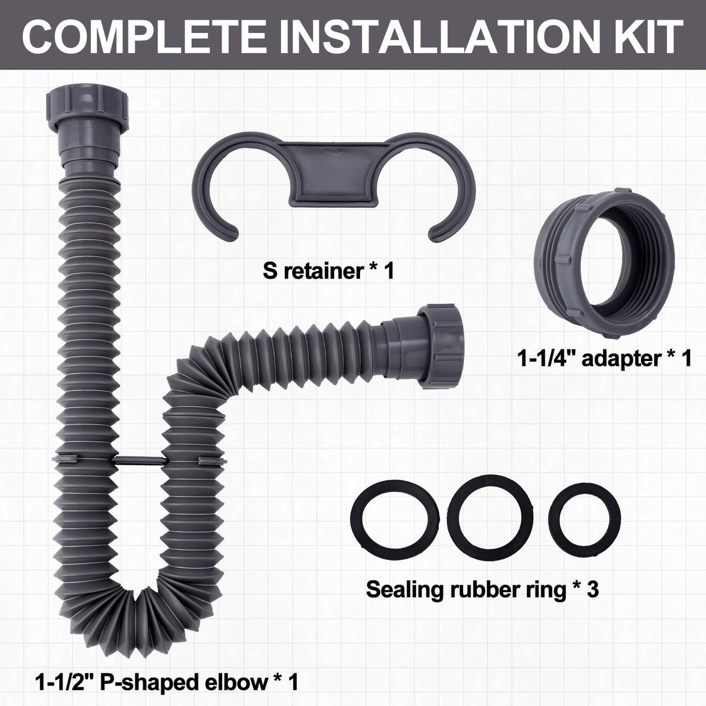 Sink Drain Kit, 1-1/2 Inch Expandable Flexible P-Trap 7.5 Inch - 17.7 Inch Flexible Sink Drain Pipe for Bathroom Sinks Kitchen Sinks