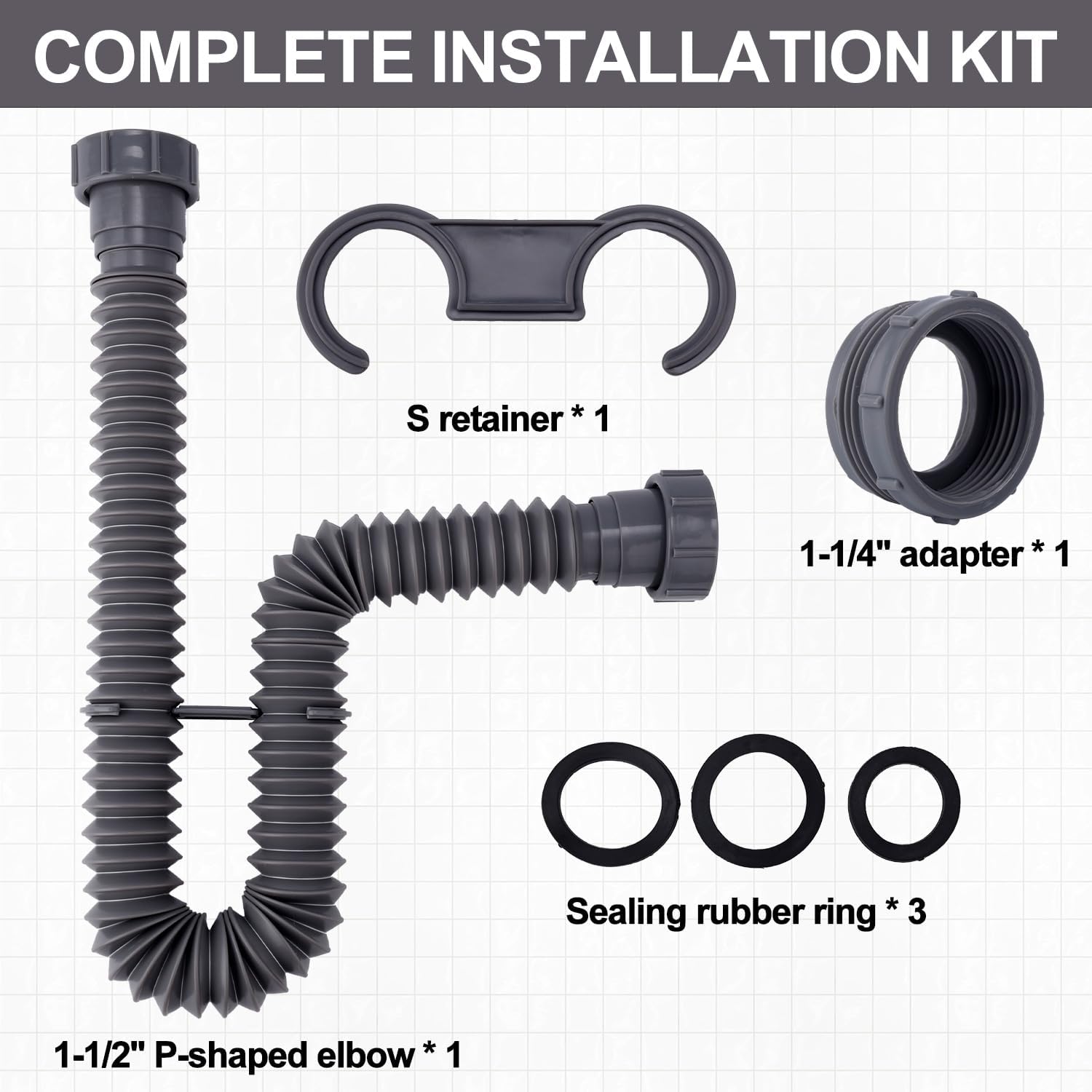 Sink Drain Kit, 1-1/2 Inch Expandable Flexible P-Trap 7.5 Inch - 17.7 Inch Flexible Sink Drain Pipe for Bathroom Sinks Kitchen Sinks