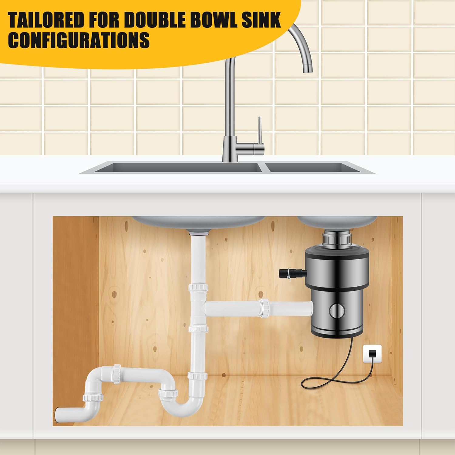 Saillong 27 Pcs Garbage Disposal Installation Kit Complete Kitchen Sink Drain Pipe Kit for Double Bowl Sink, 1-1/2" Plumbing, Simple Install, Leak Proof