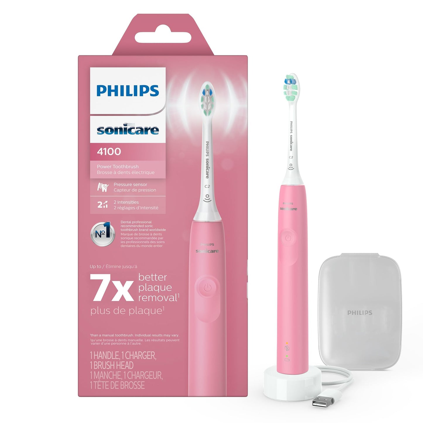 Philips Sonicare 4100 Rechargeable Electric Toothbrush, with Pressure Sensor, 2 Intensity Settings, SmarTimer and QuadPacer, 14-Day Battery Life, White, Model HX3681/23