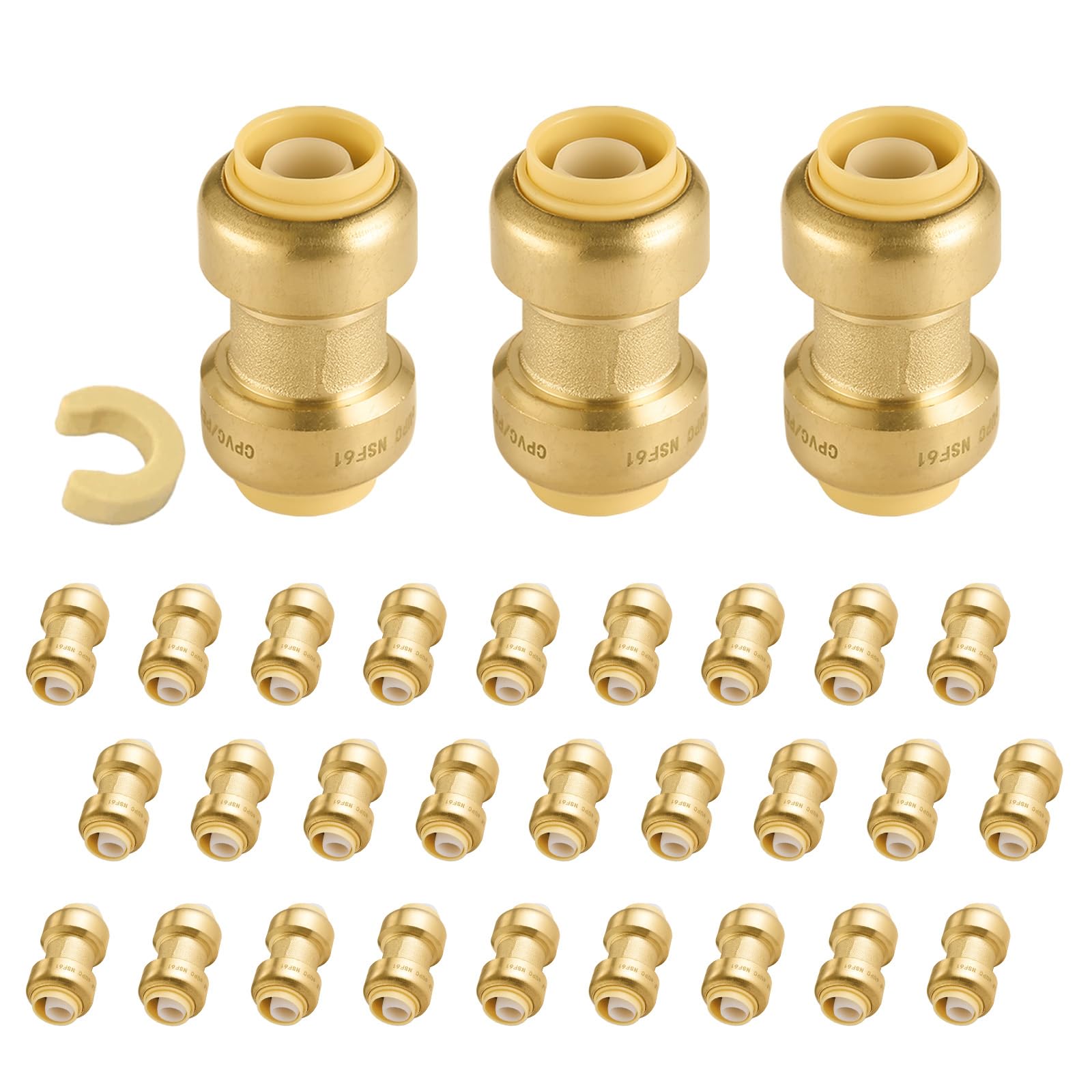 5-Pack Niikappu Push Fit Fittings, 3/4" x 3/4" Brass Plumbing Fittings to Connect PEX, Copper, CPVC, Brass Straight Coupling With Disconnect Clip(PF008-5Pack)