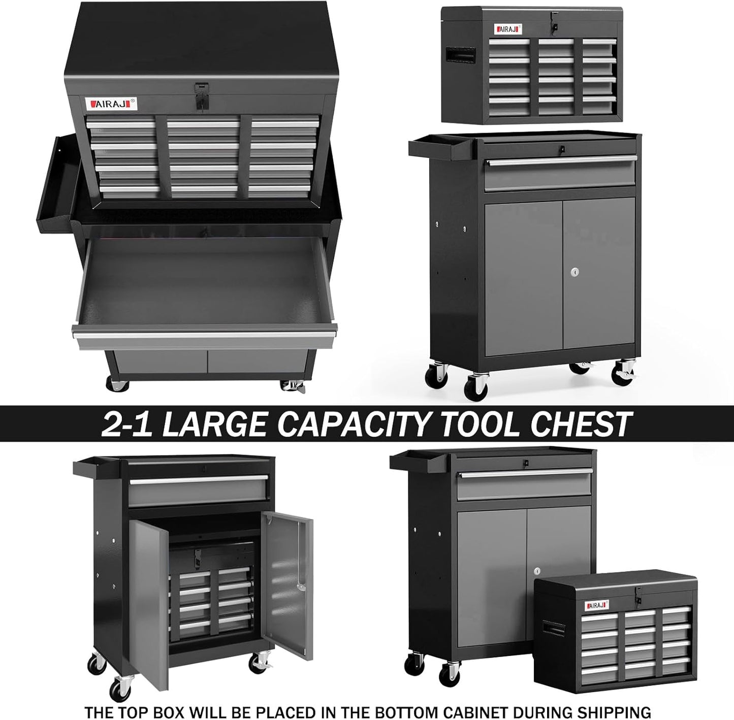 Tool Chest 7-Drawer | 40'' H Rolling Tool Chest with Wheels | Detachable Top Metal Tool Box | Garage Storage Cabinet for Repair Room,Warehouse | Rolling Tool Box with Hooks,Liners,Tray Divider | Black